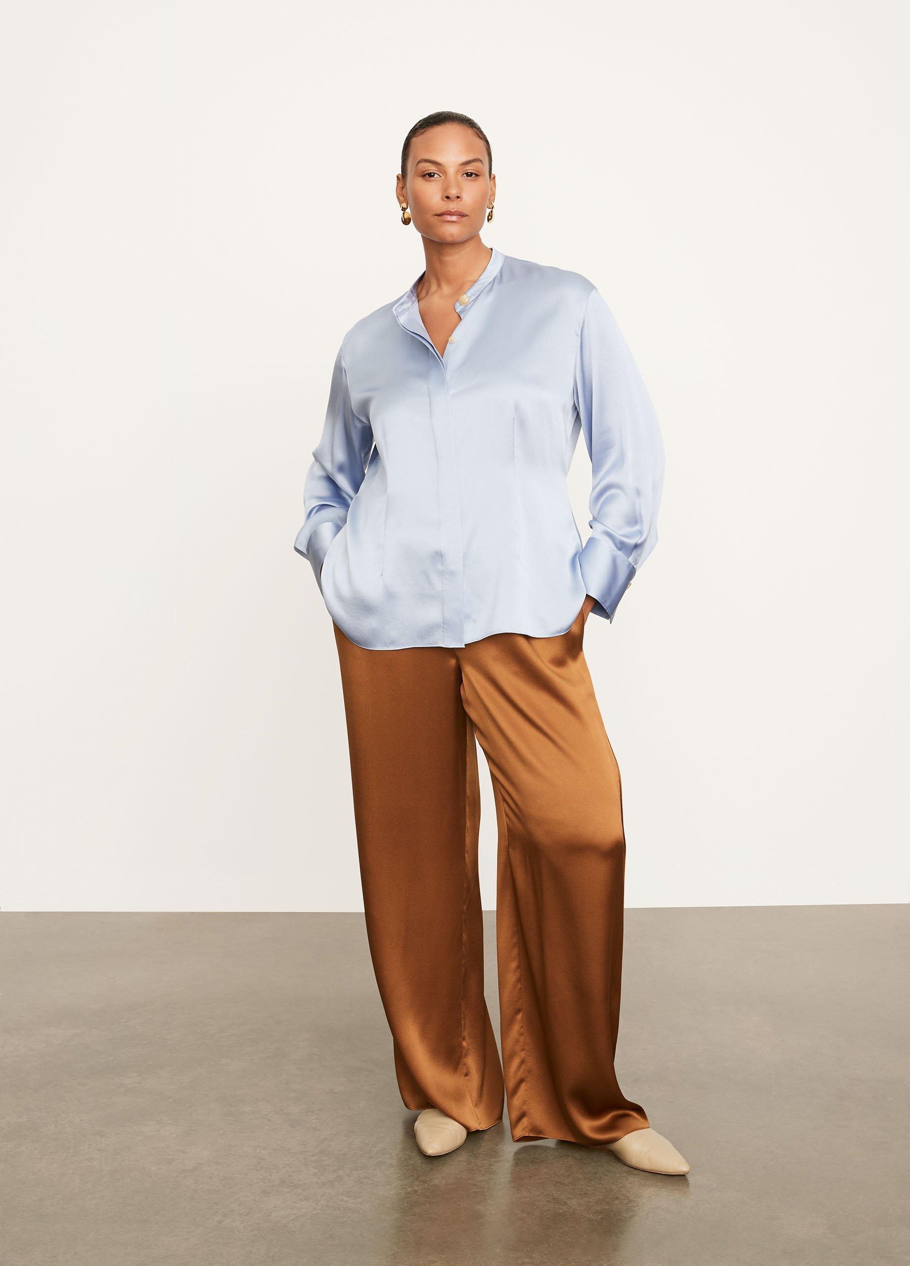 Silk Shaped Long Sleeve Band Collar Blouse in Vince Products
