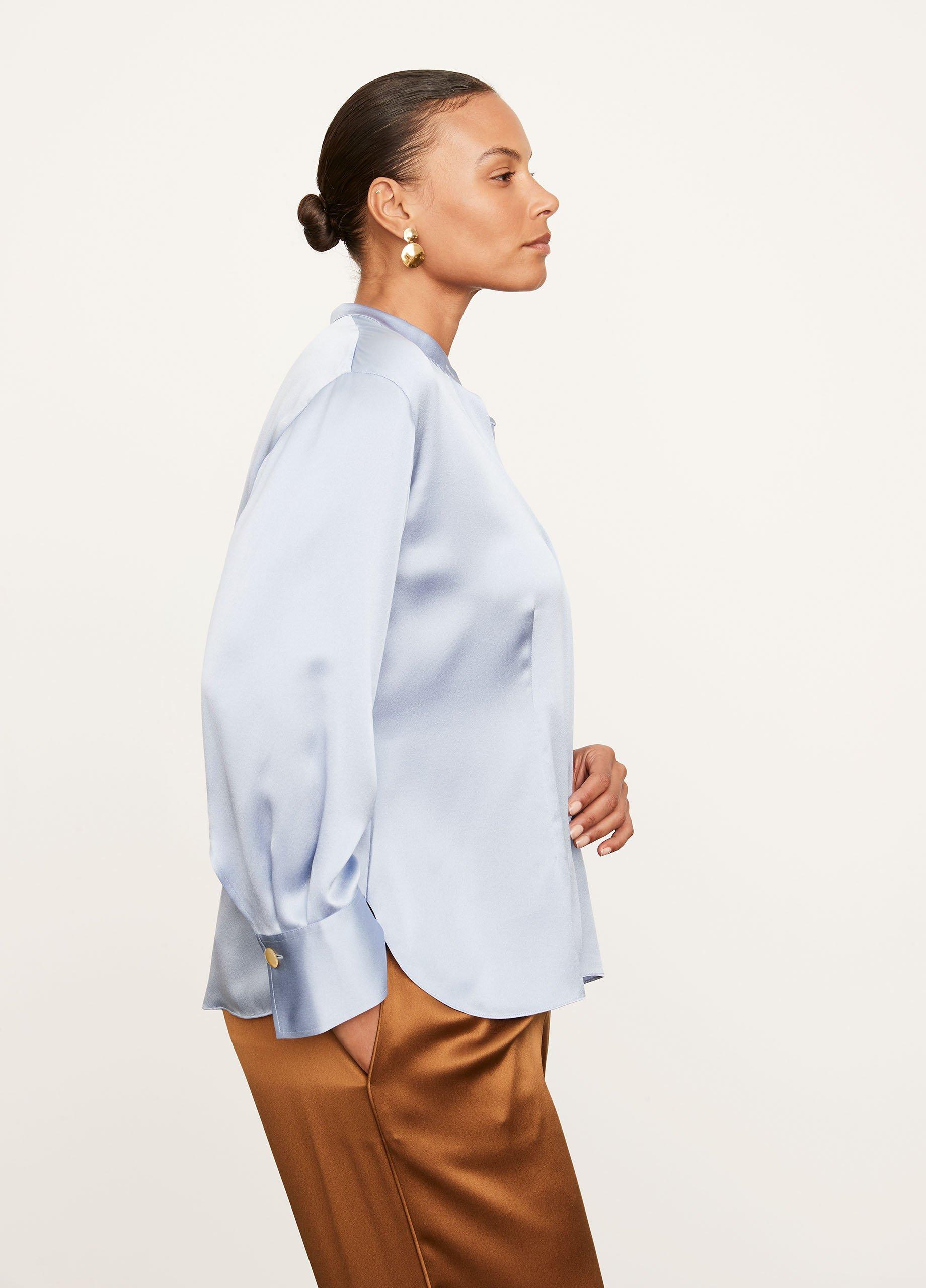 Silk Shaped Long Sleeve Band Collar Blouse in Vince Products