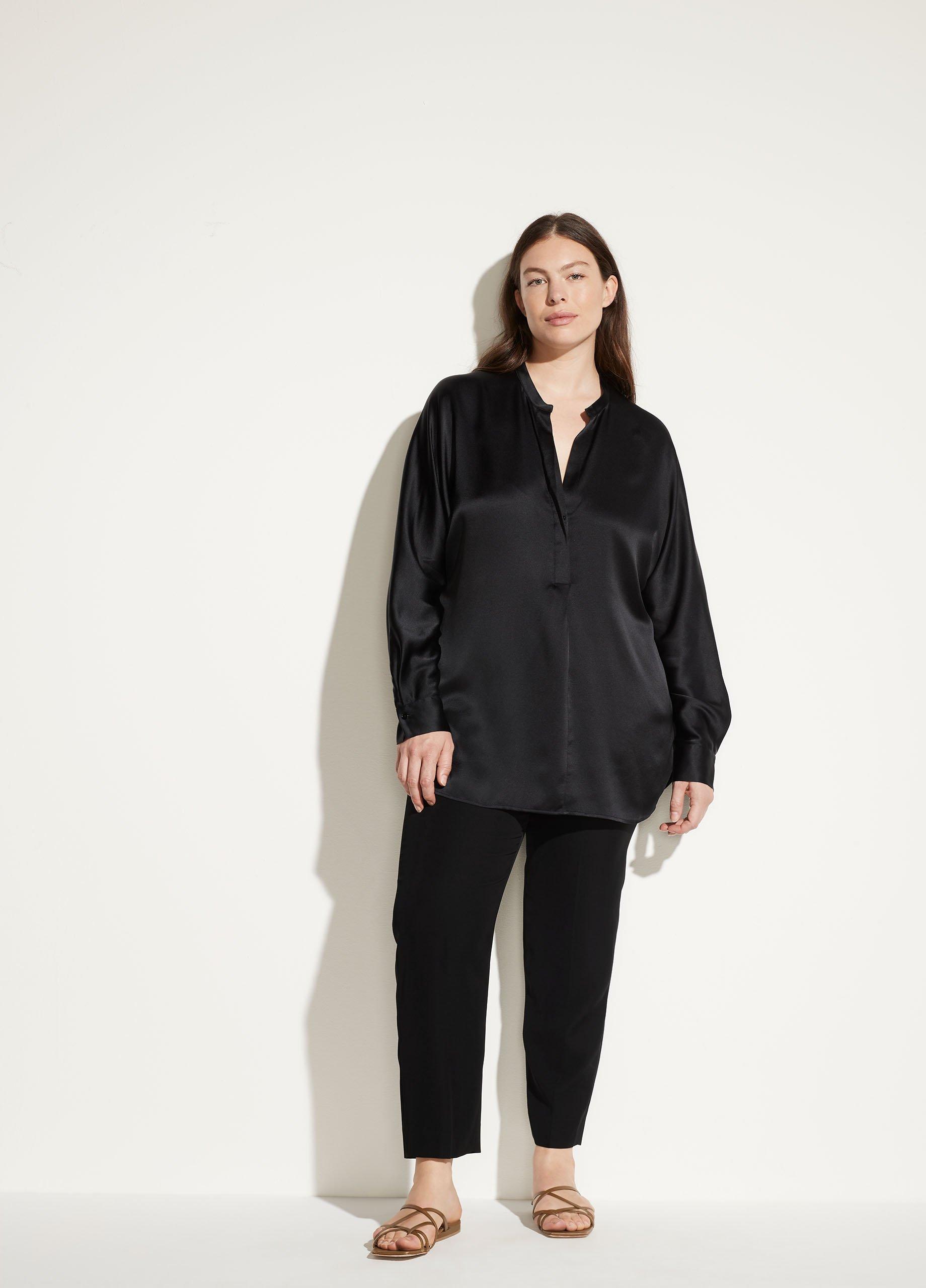 Satin Band Collar Blouse, Black, Size XXXL Vince