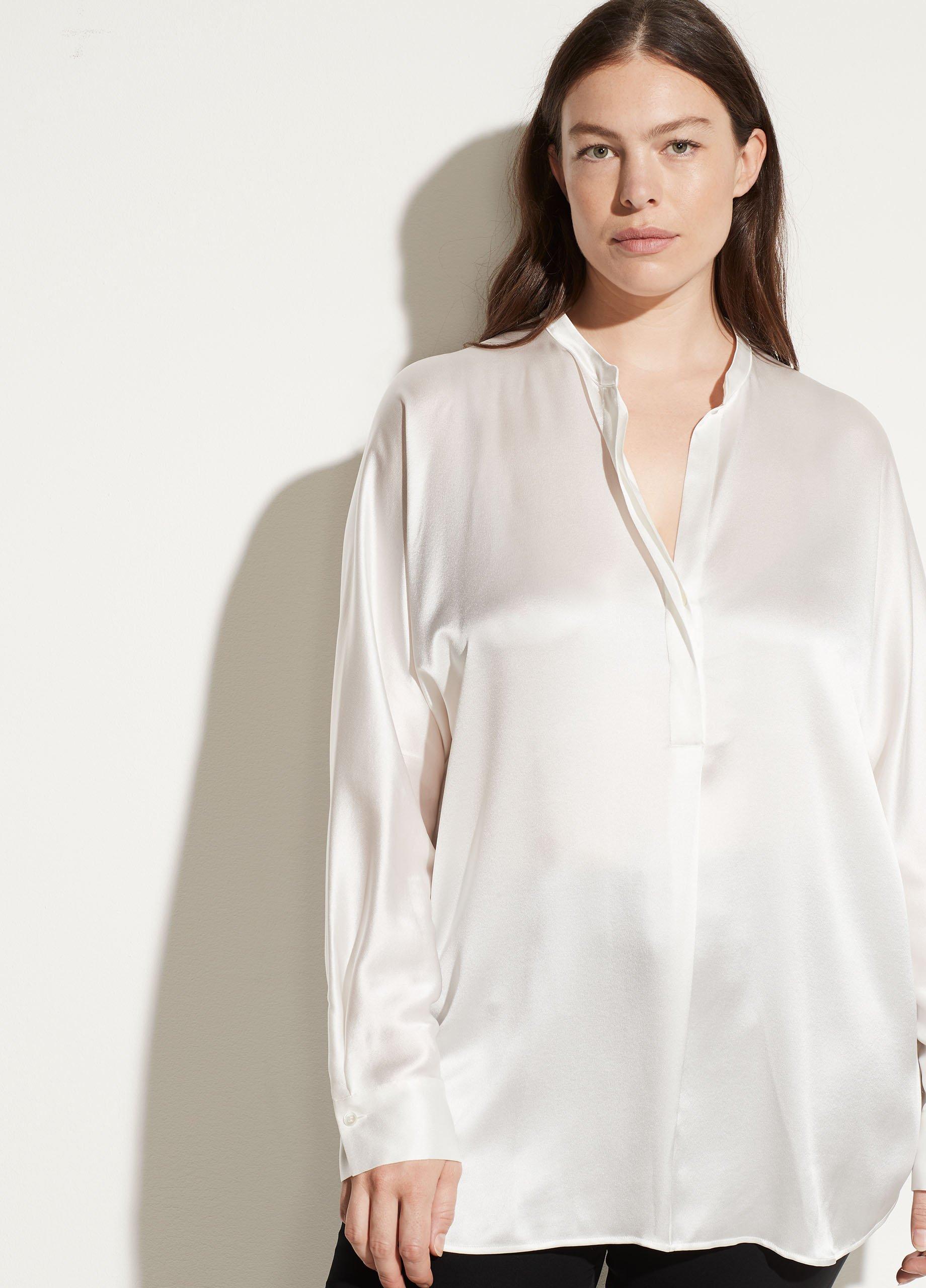 Satin Band Collar Blouse, Optic White, Size XXXL Vince