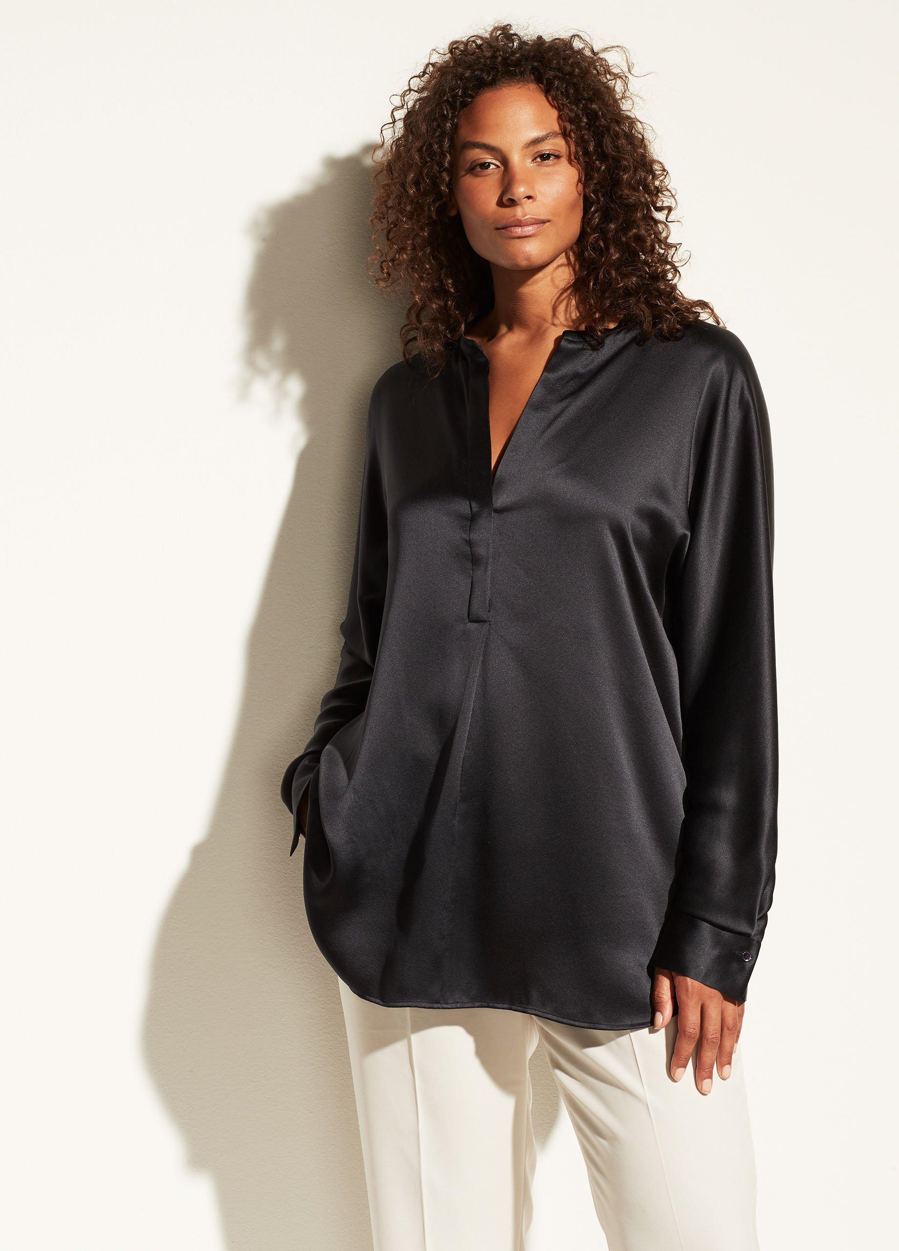 Satin Band Collar Blouse, Coastal Blue, Size XXL Vince