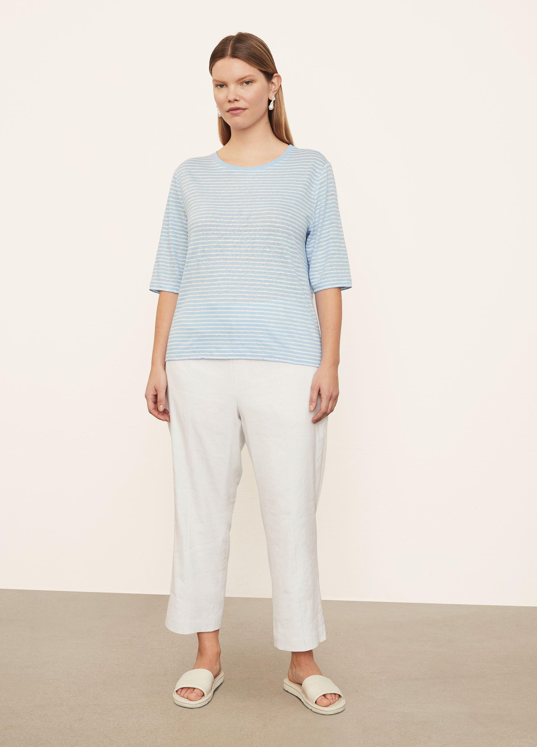 Striped Linen Elbow Sleeve Crew Neck T-Shirt image number 0