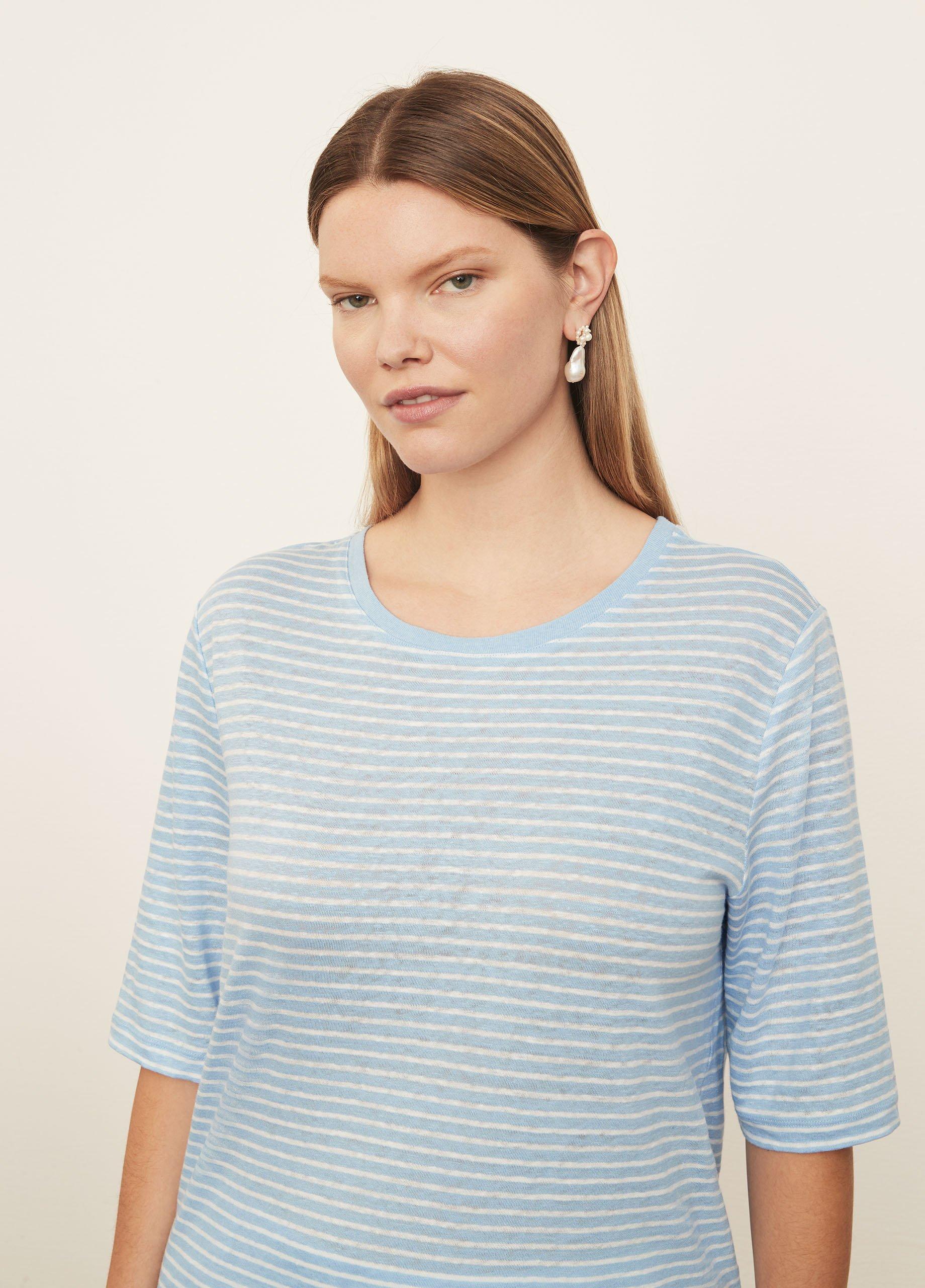 Striped Linen Elbow Sleeve Crew Neck T-Shirt image number 1