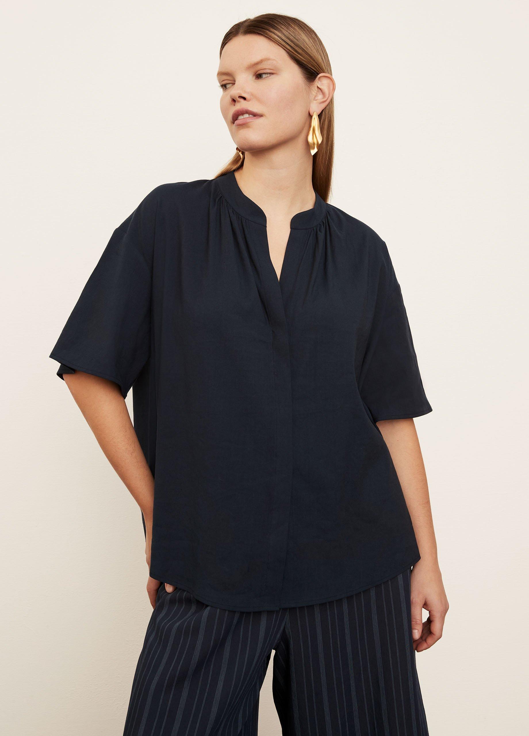 Short Sleeve Shirred Band Collar Blouse image number 1