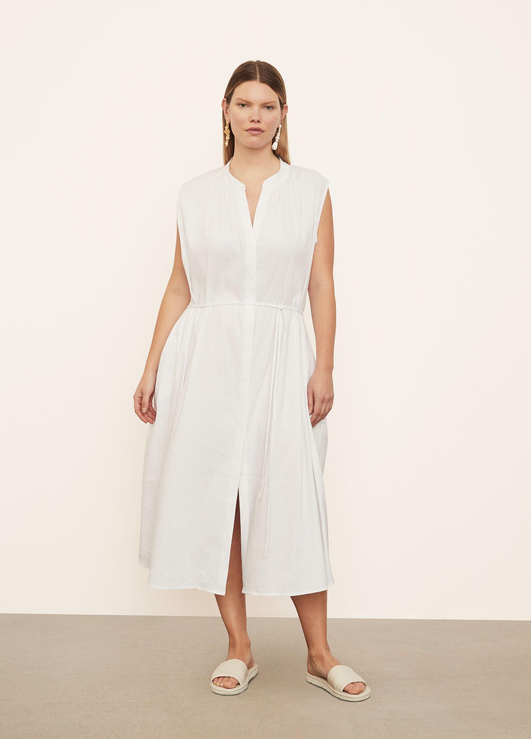 Sleeveless Shirred Band Collar Dress in Dresses | Vince