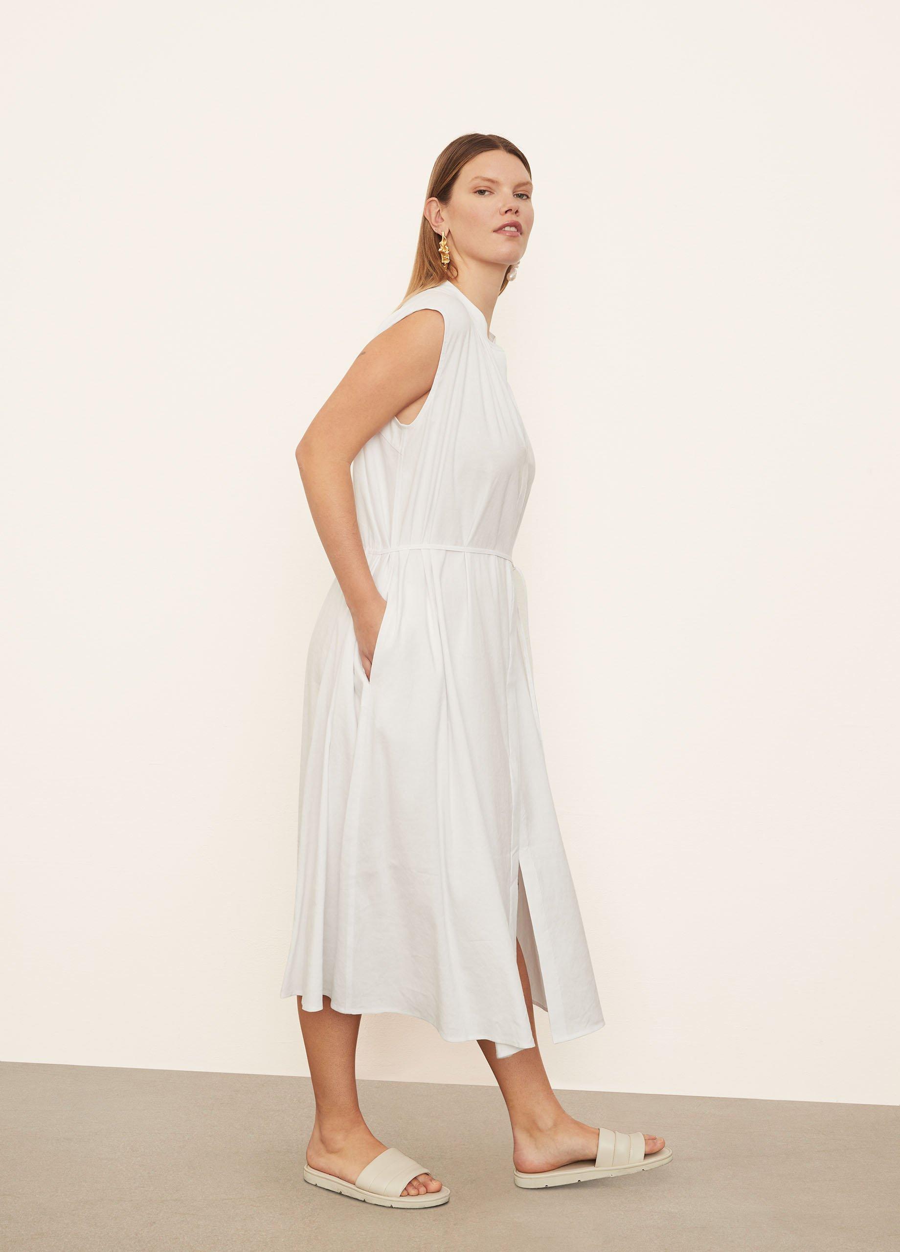 Sleeveless Shirred Band Collar Dress in Dresses | Vince