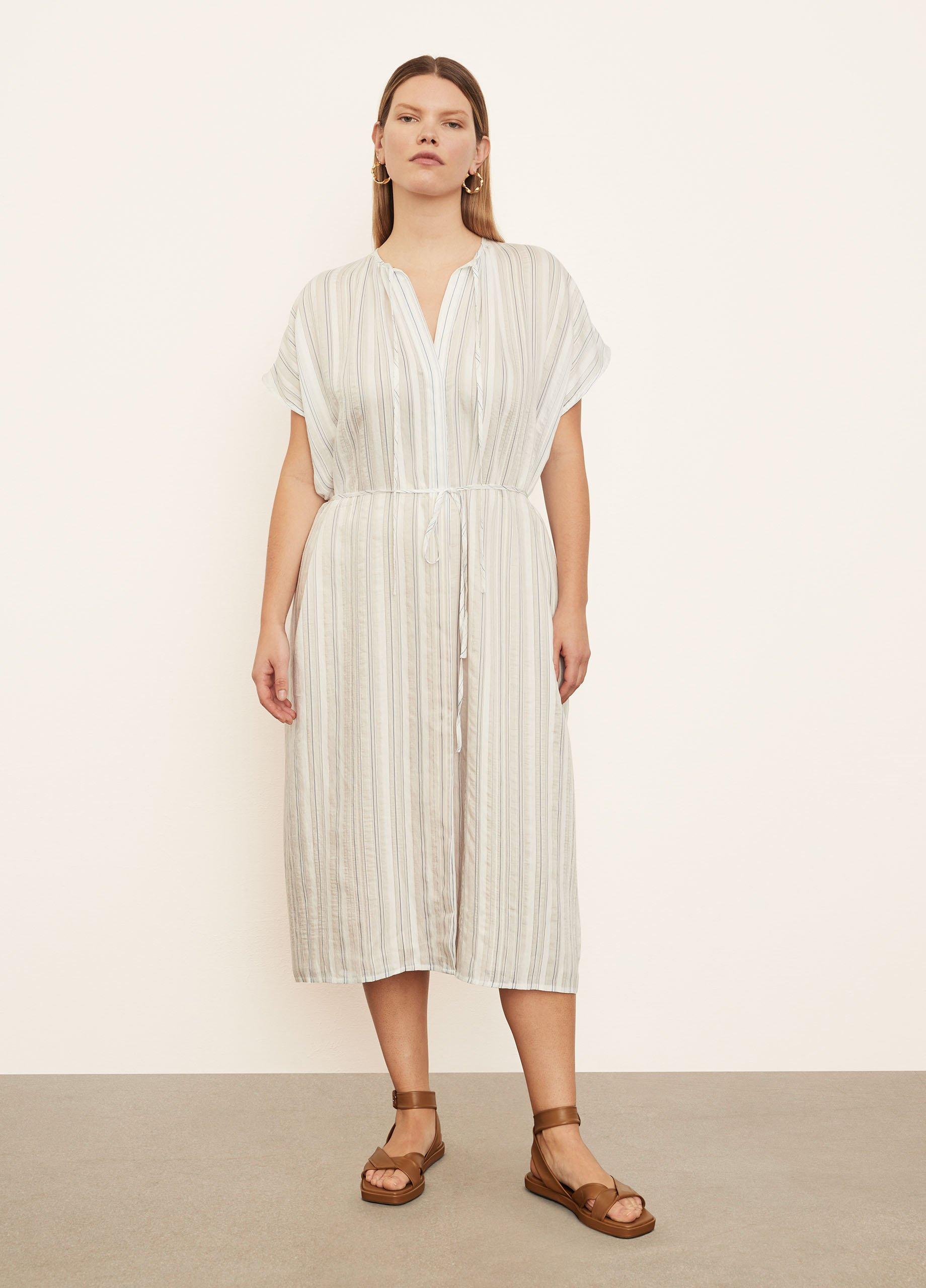 Short Sleeve Drapey Stripe Shirred Dress image number 0
