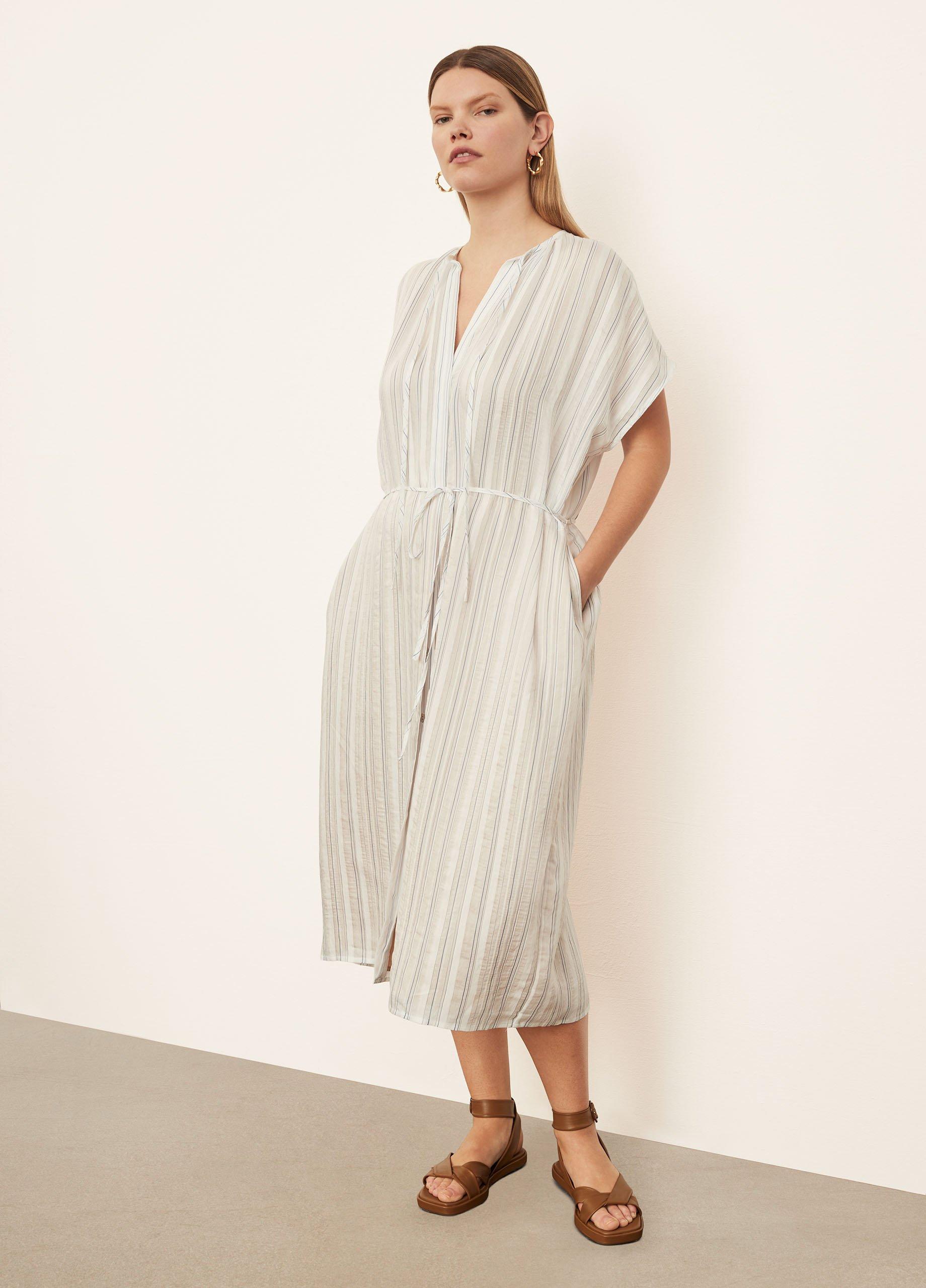 Short Sleeve Drapey Stripe Shirred Dress image number 1