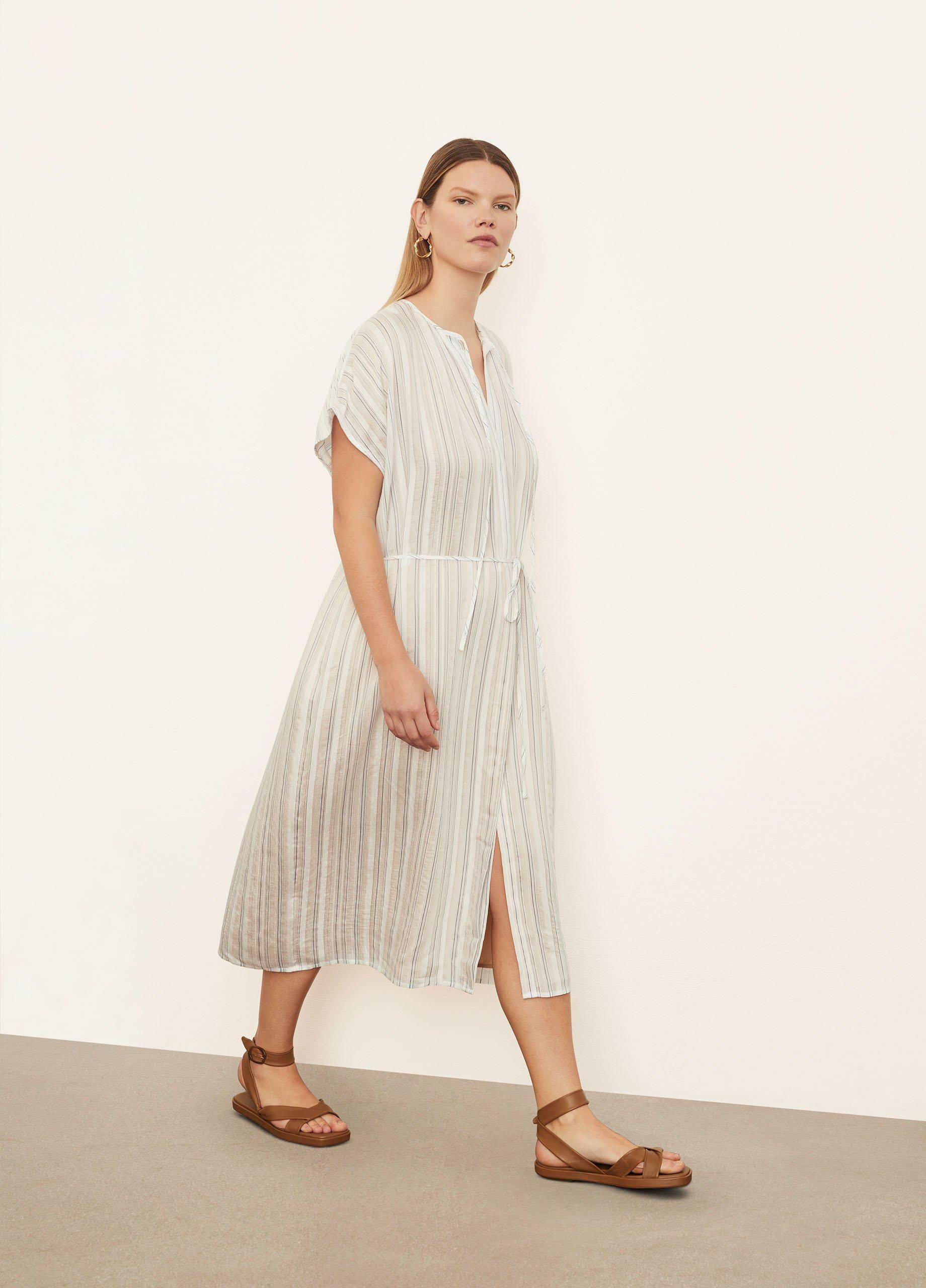 Short Sleeve Drapey Stripe Shirred Dress image number 2