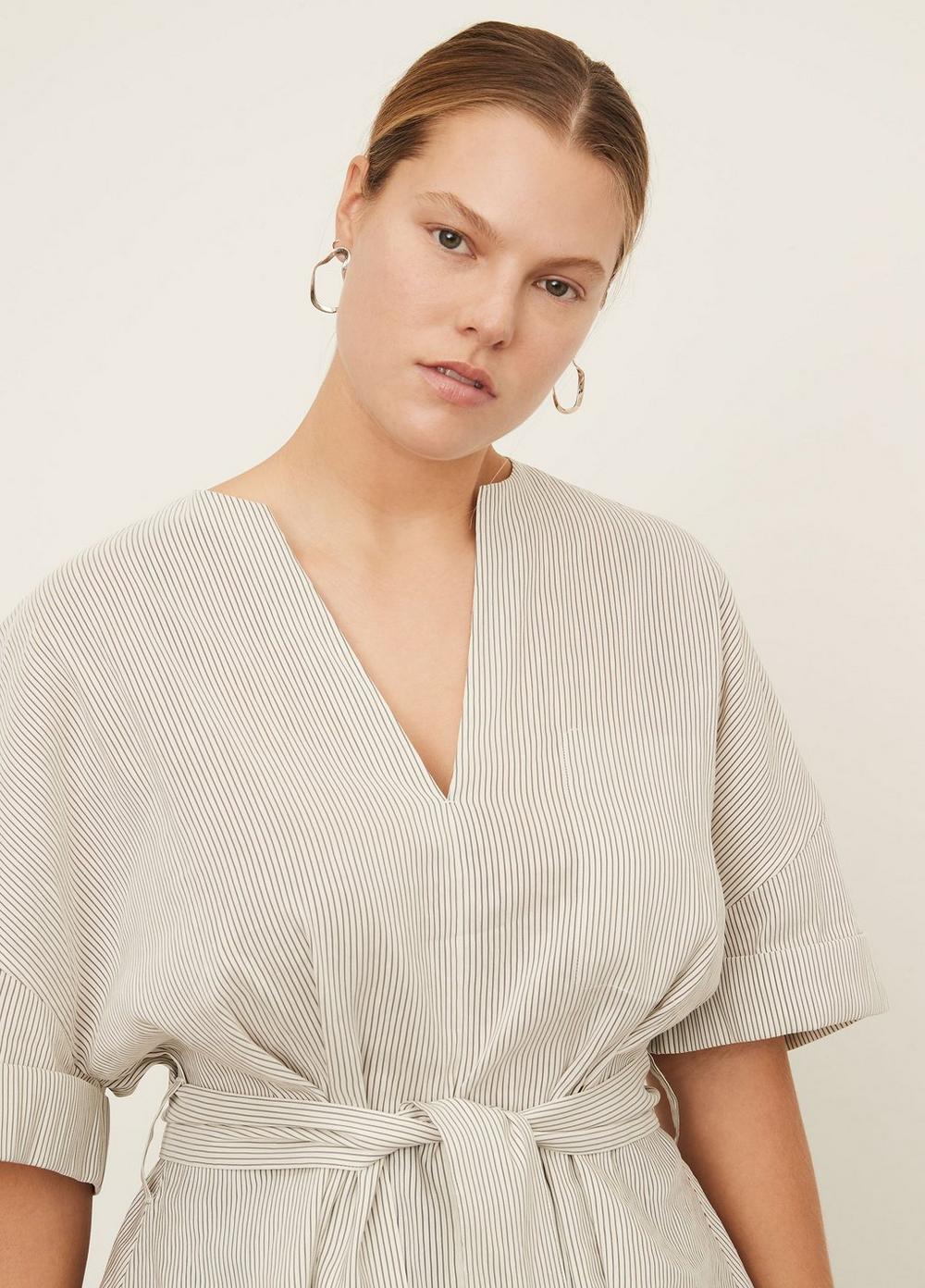 Stripe Cuffed Short Sleeve V-Neck Blouse in Extended Sizes | Vince