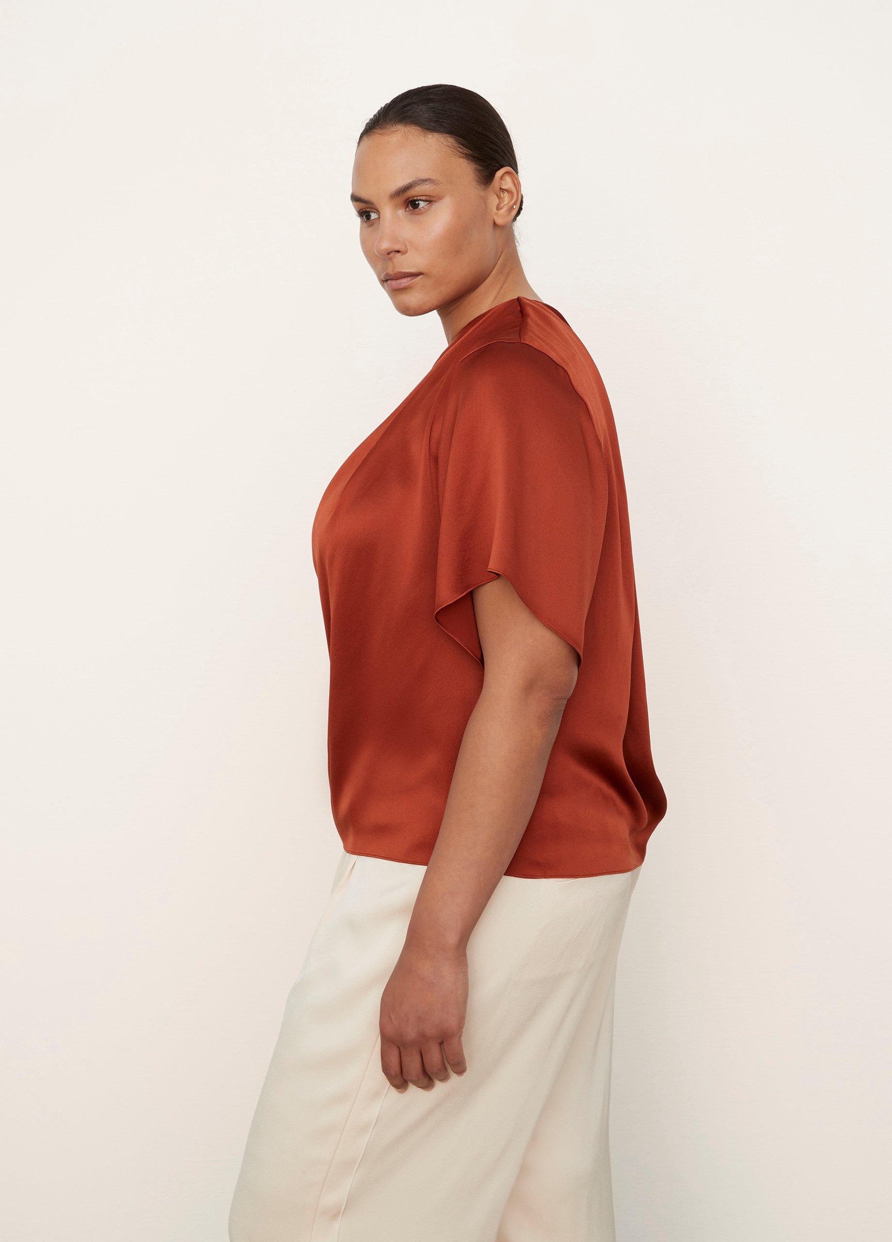 Silk Flutter-Sleeve Draped-Neck Blouse image number 2