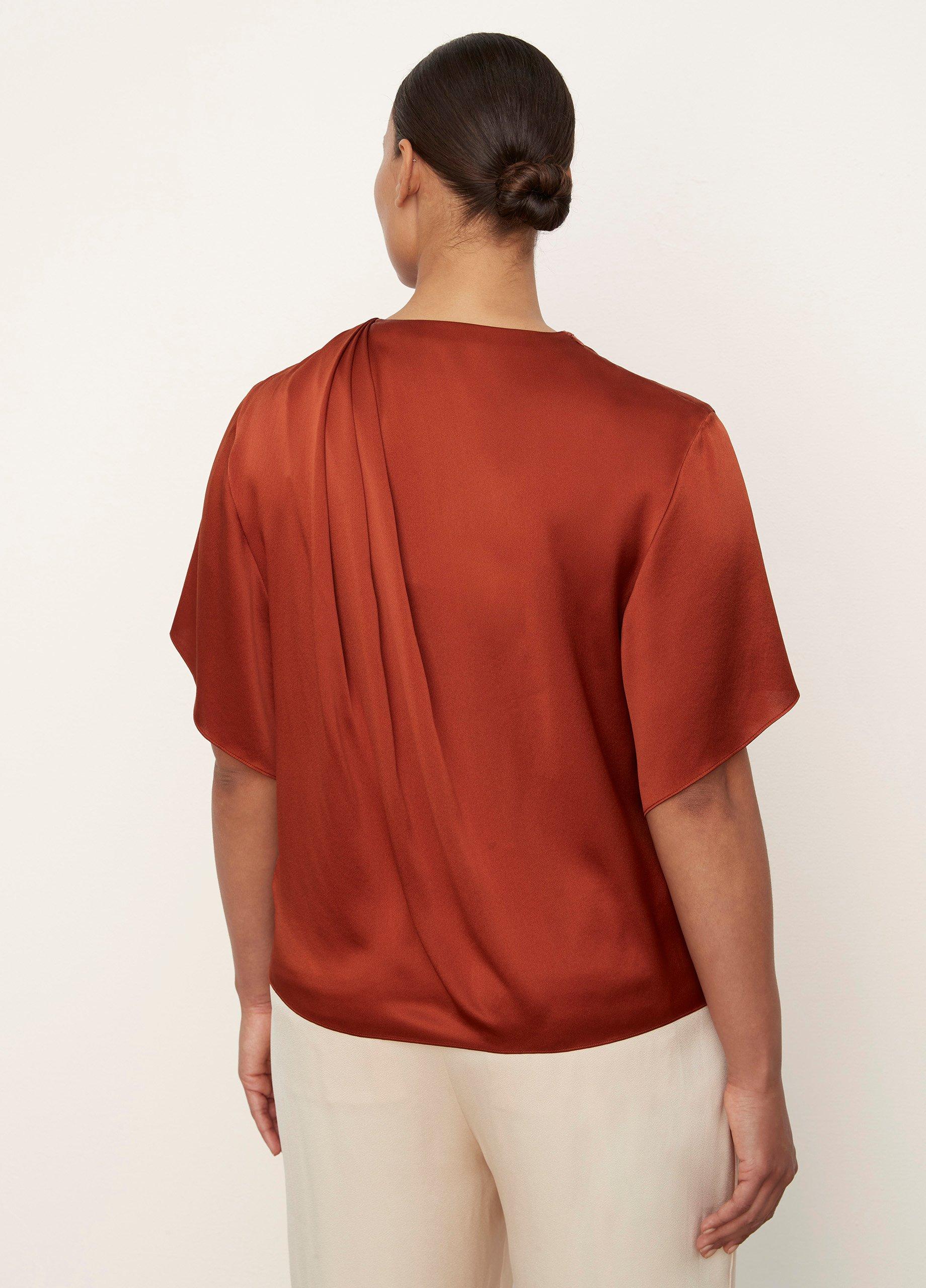 Silk Flutter-Sleeve Draped-Neck Blouse image number 3