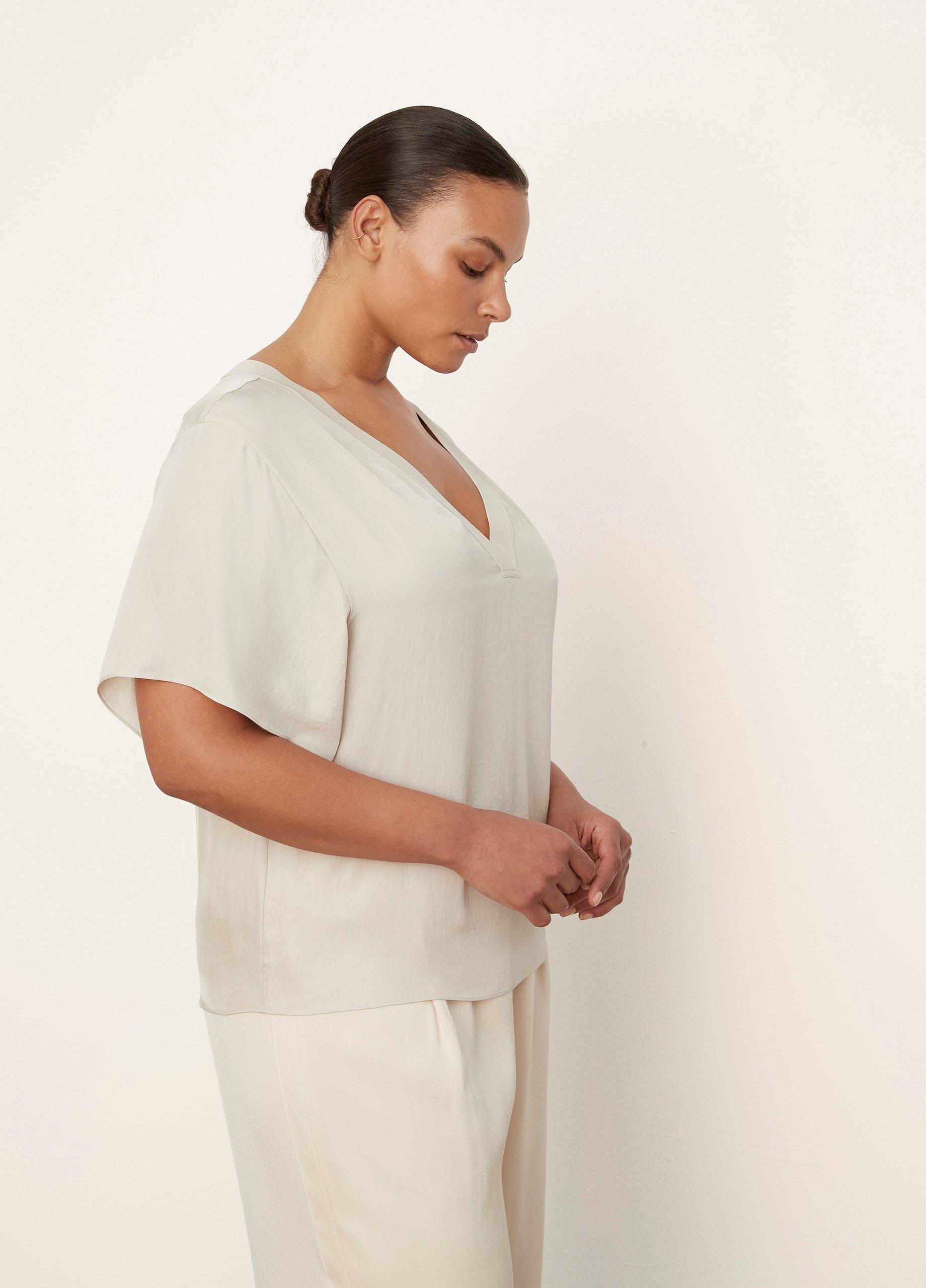 Rib-Trim Double V-Neck Short Sleeve Popover in Short Sleeve | Vince