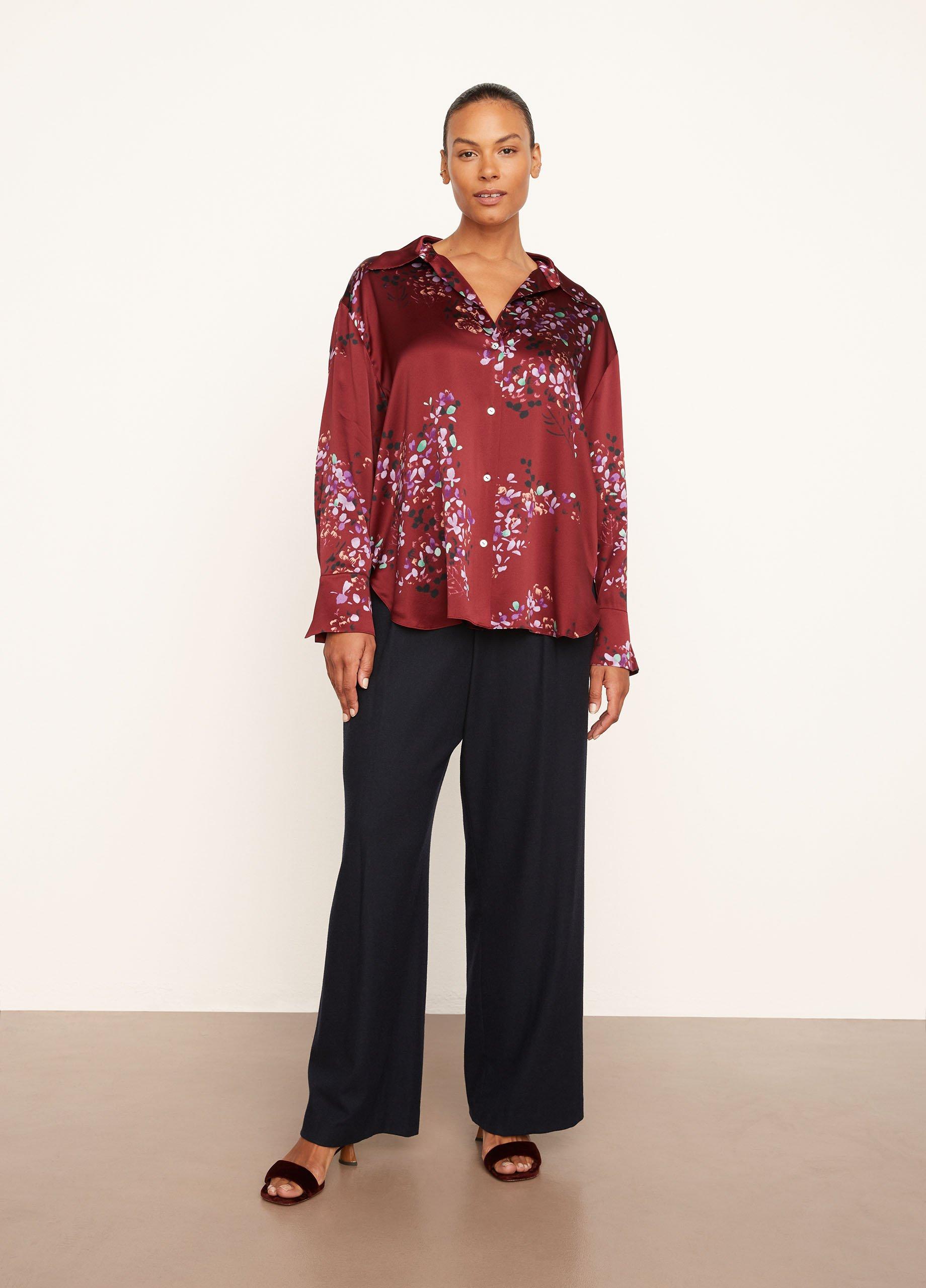 Silk Forsythia Long Sleeve Ruched-Back Blouse, Dark Cinnamon, Size 2XL Vince