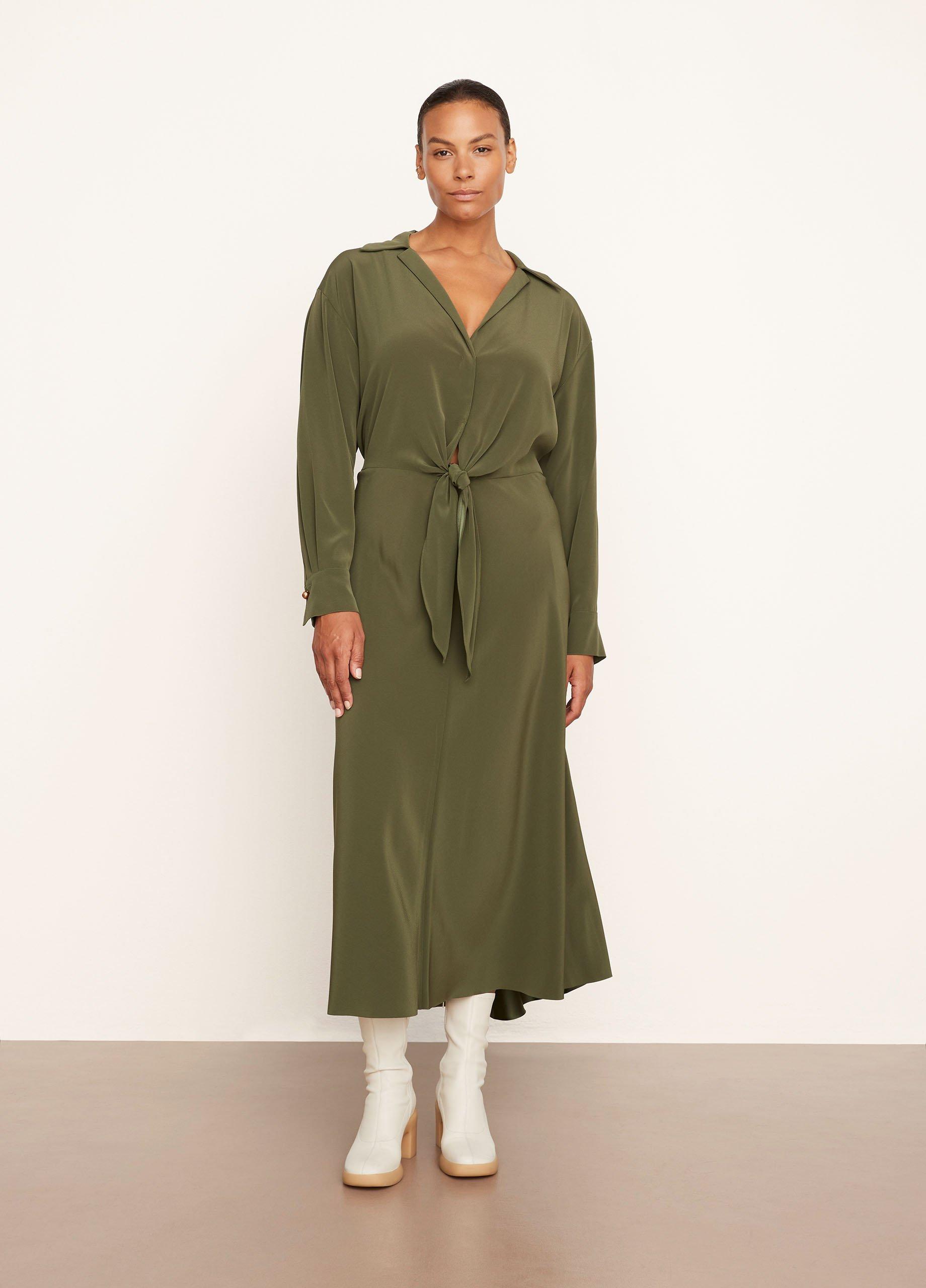 Long Sleeve Shaped Collar Tie-Front Dress image number 0