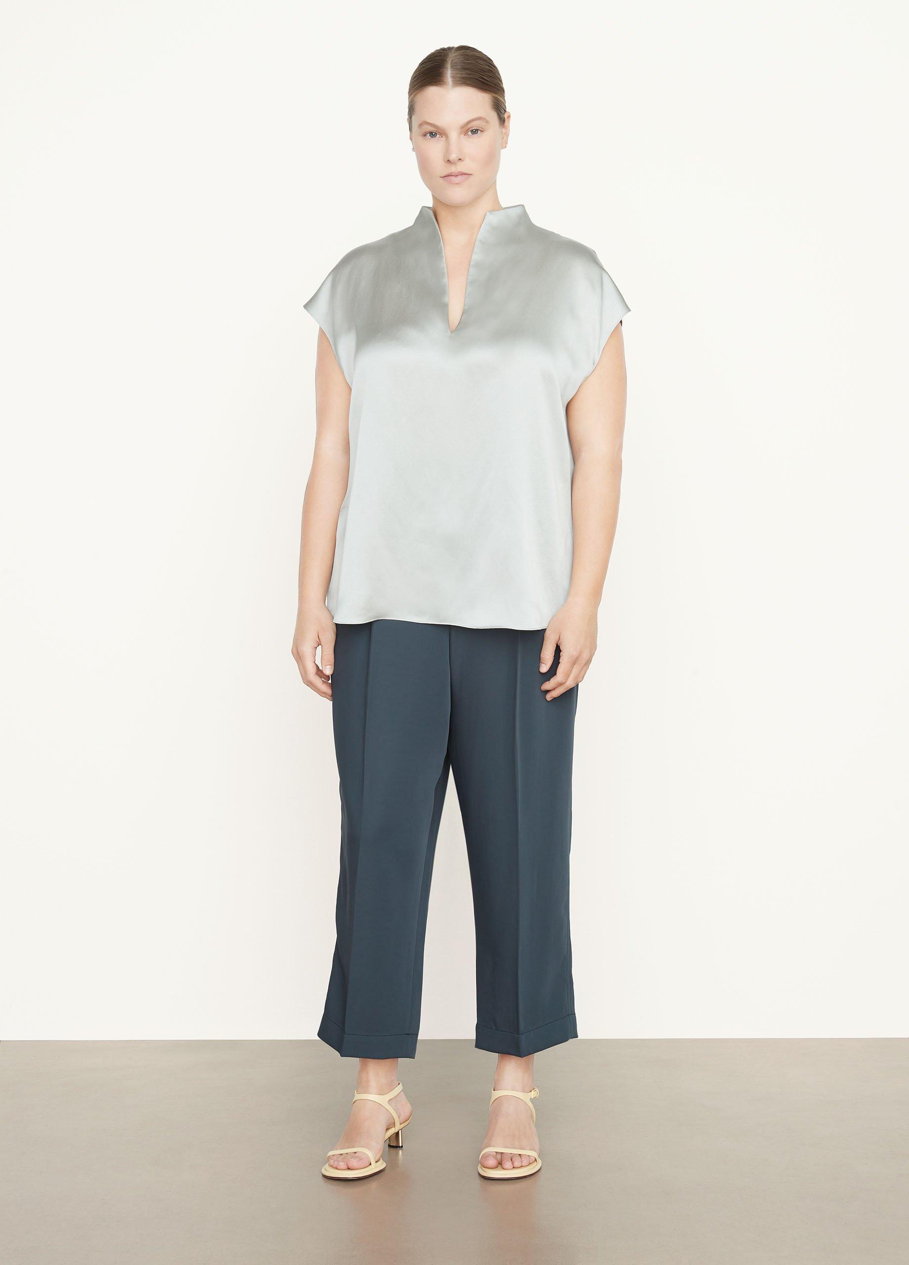 Silk Cap Sleeve Split-Neck Blouse image number 0