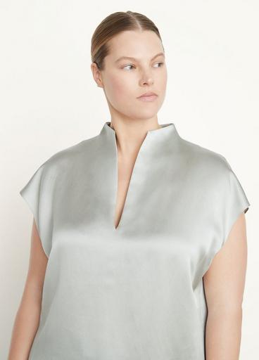 Silk Cap Sleeve Split-Neck Blouse image number 1