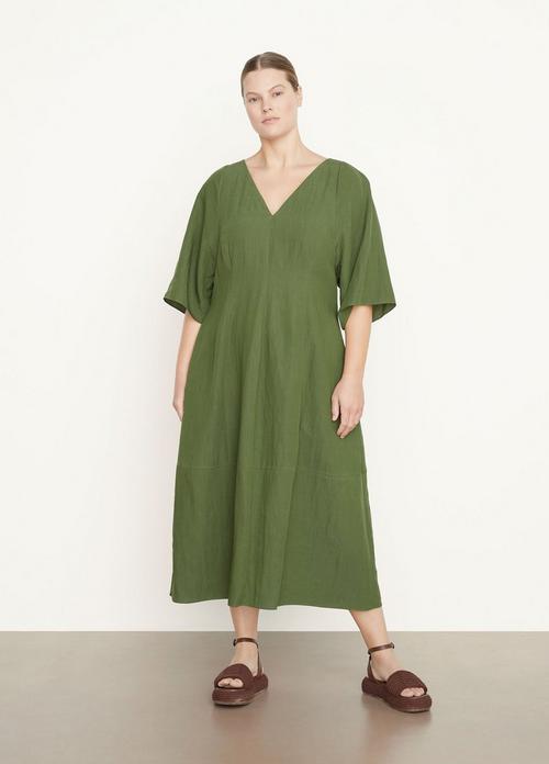 Double V-Neck Flutter-Sleeve Dress