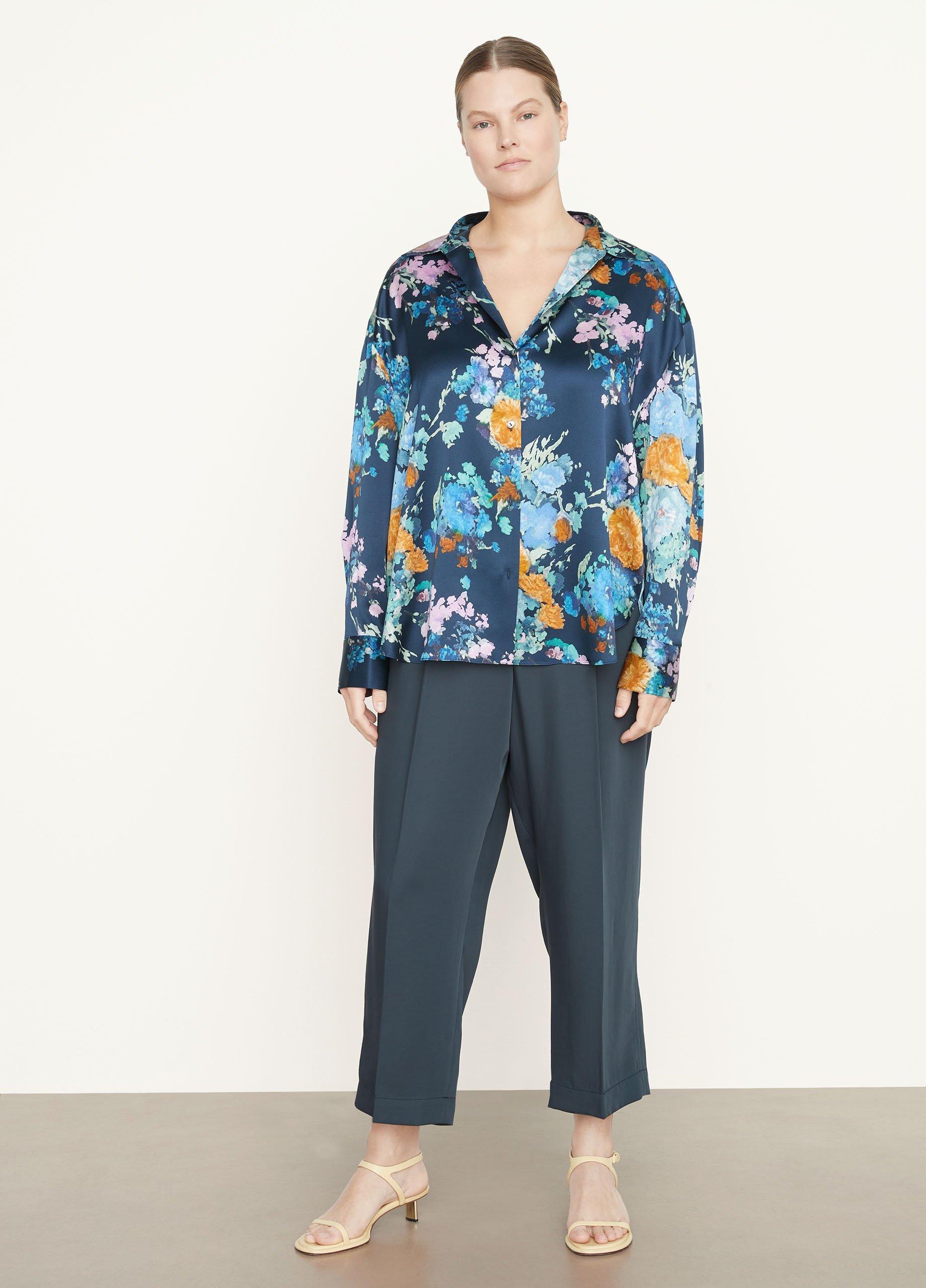 Painted Bouquet Silk Sculpted Long Sleeve Shirt in Shirts & Tees