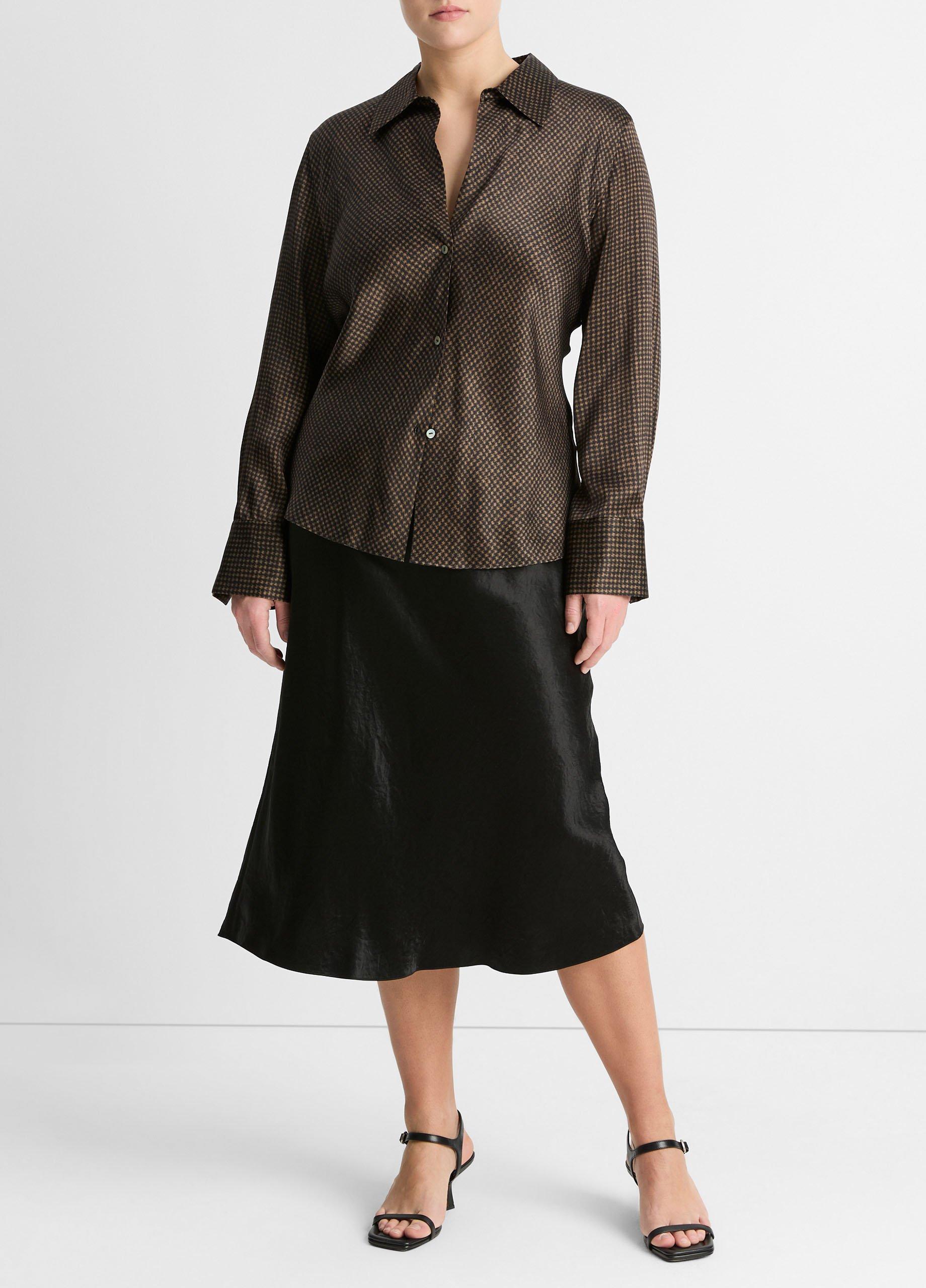 Houndstooth Silk Bias Long-Sleeve Blouse, Black/camel, Size 1XL Vince