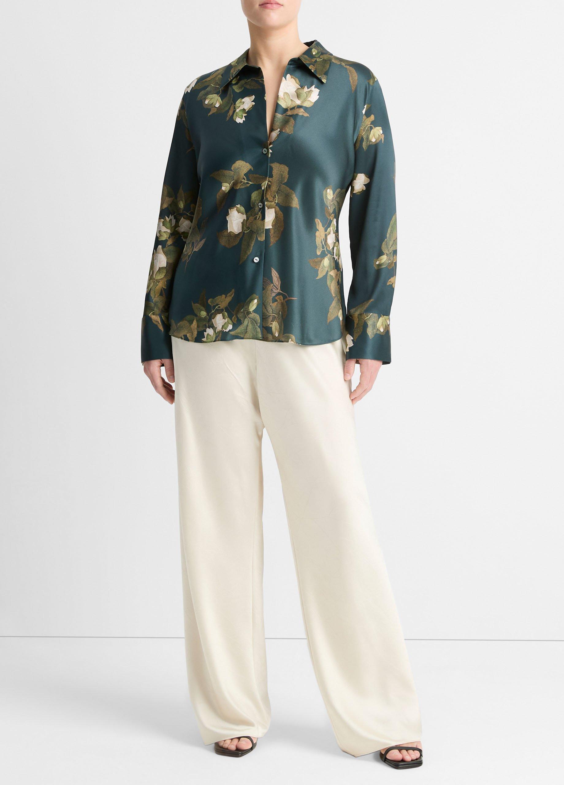 Camellia Branch Silk Bias Long-Sleeve Blouse, Azurine, Size 2XL Vince