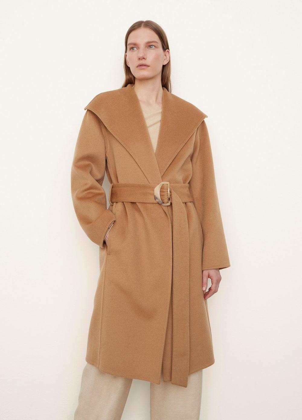 Wool and Cashmere Belted Drape-Neck Coat in Vince Products Women
