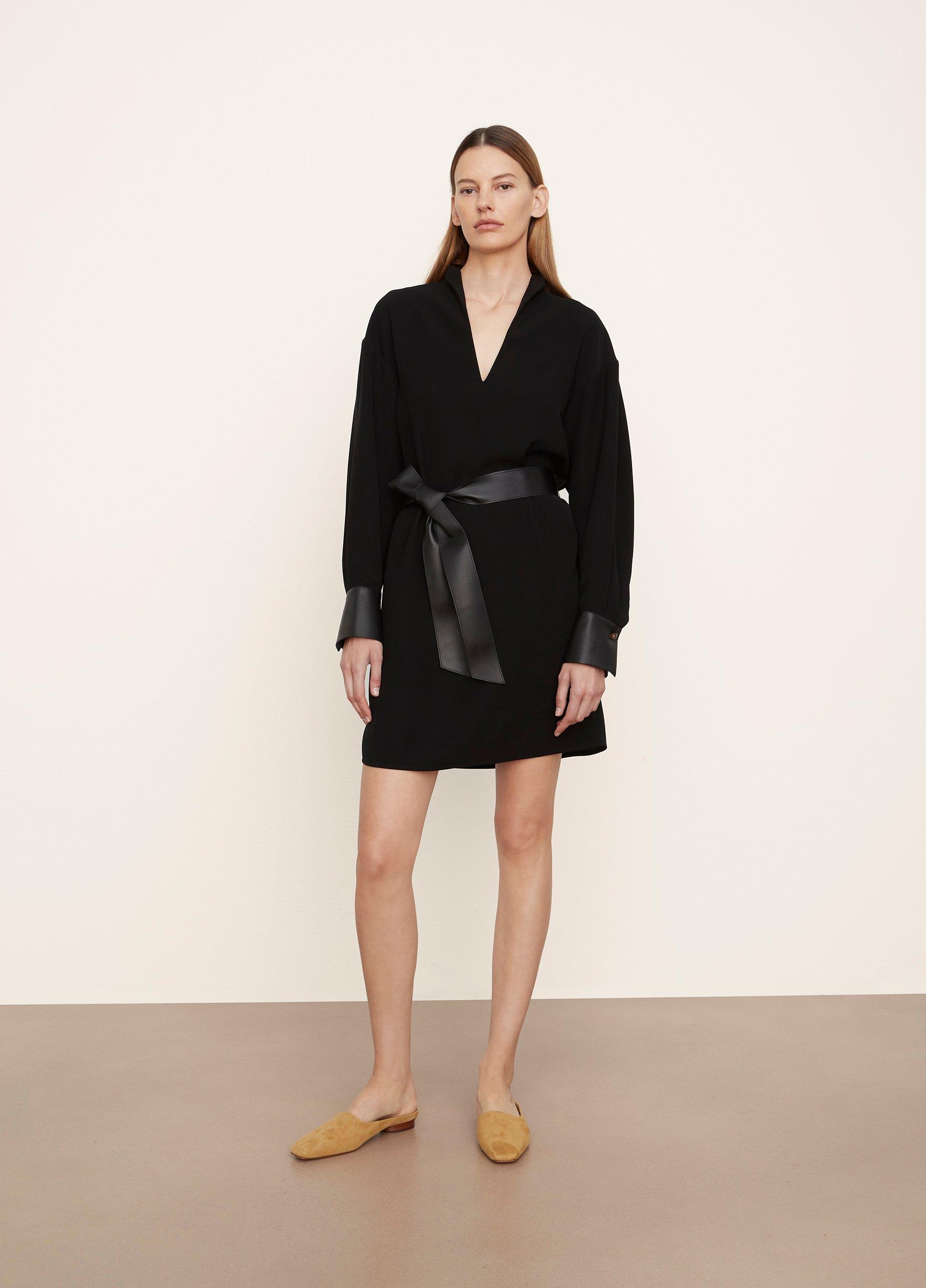 Faux Leather Long Sleeve Slit-Neck Dress image number 0