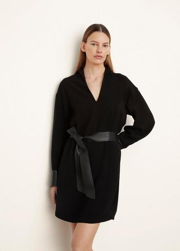 Faux Leather Long Sleeve Slit-Neck Dress image number 1