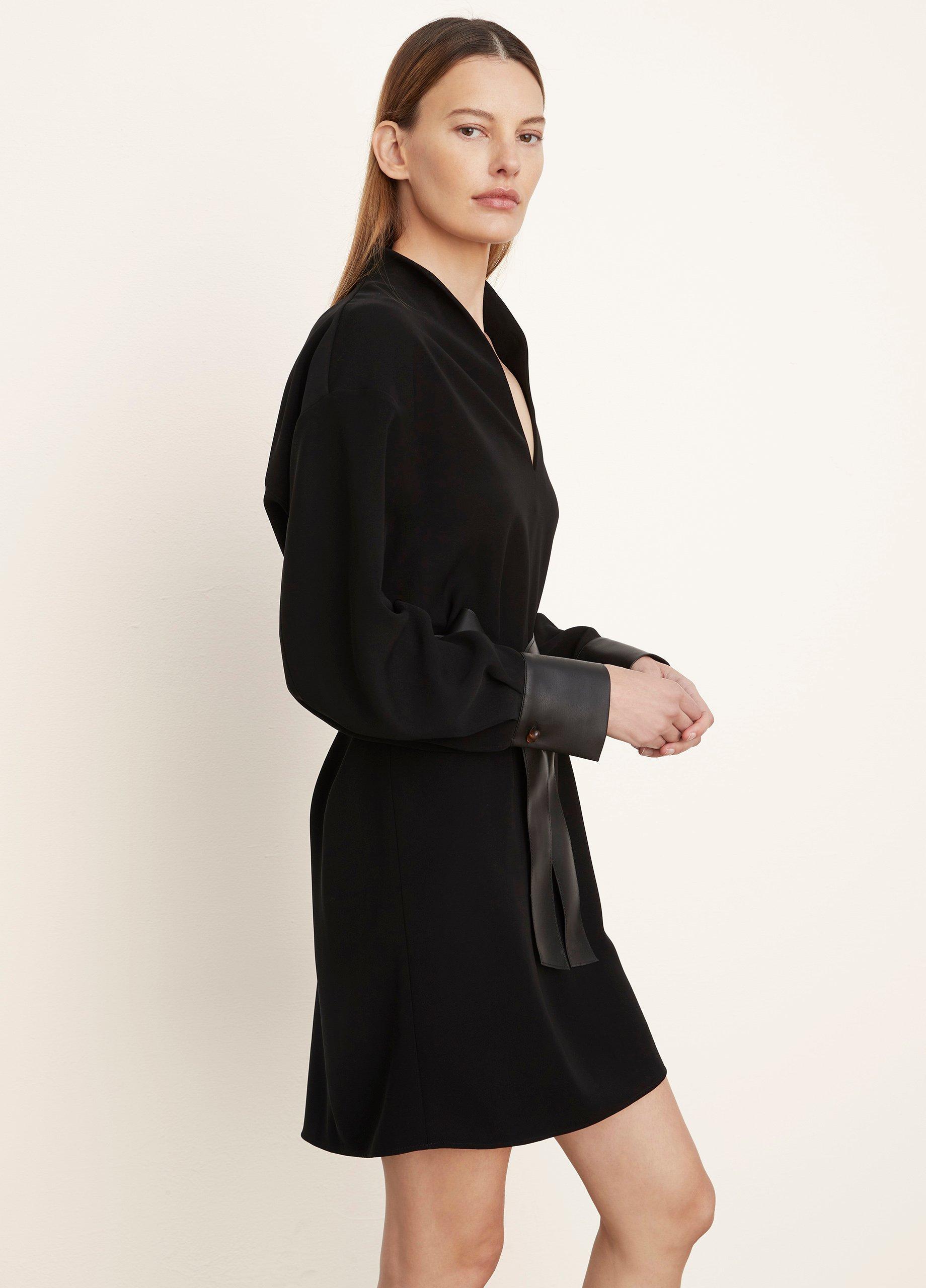 Faux Leather Long Sleeve Slit-Neck Dress image number 2