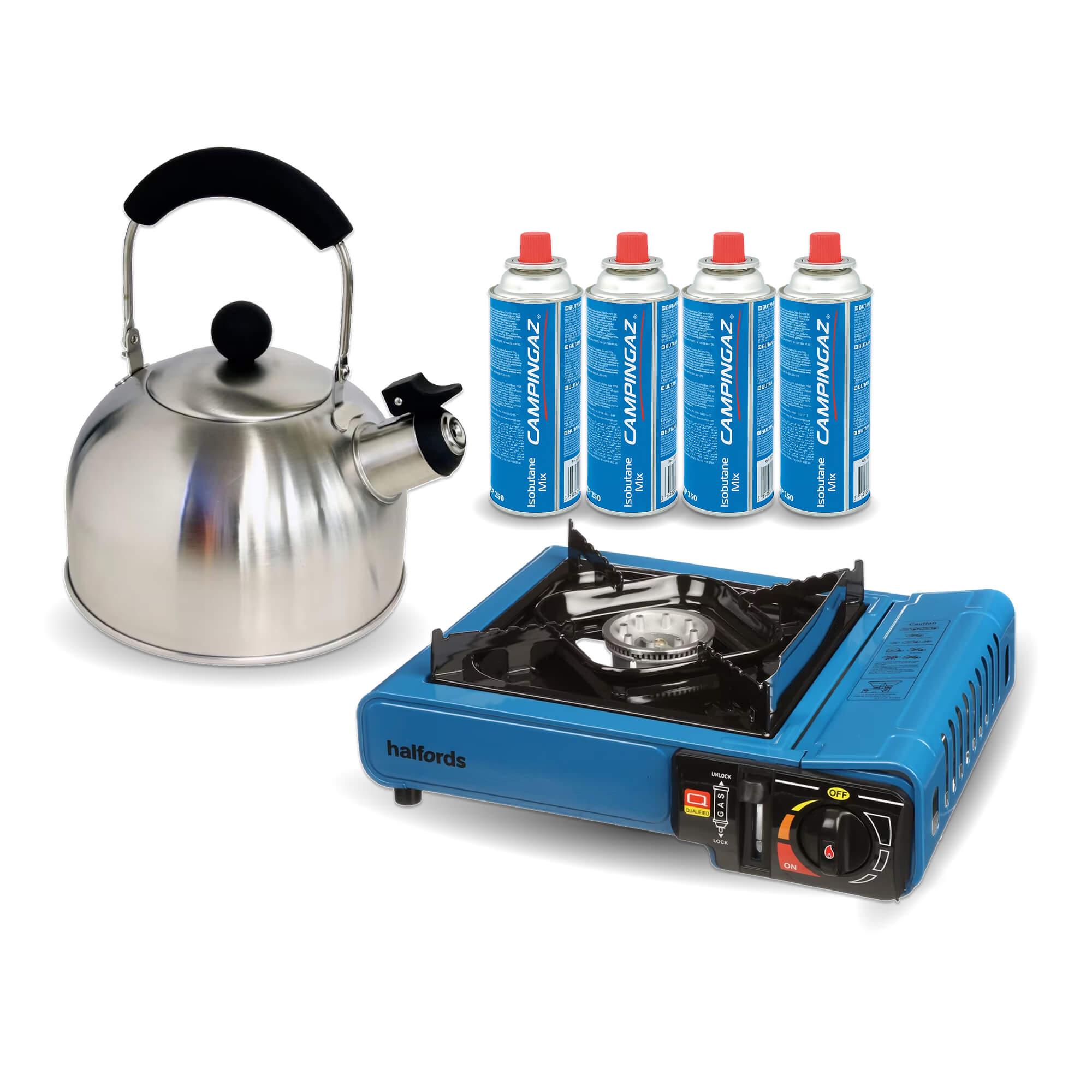 kettle for car cigarette lighter halfords Halfords Gas Stove & 2L Whistling Kettle + 4Pk Gas Cartridge Bundle