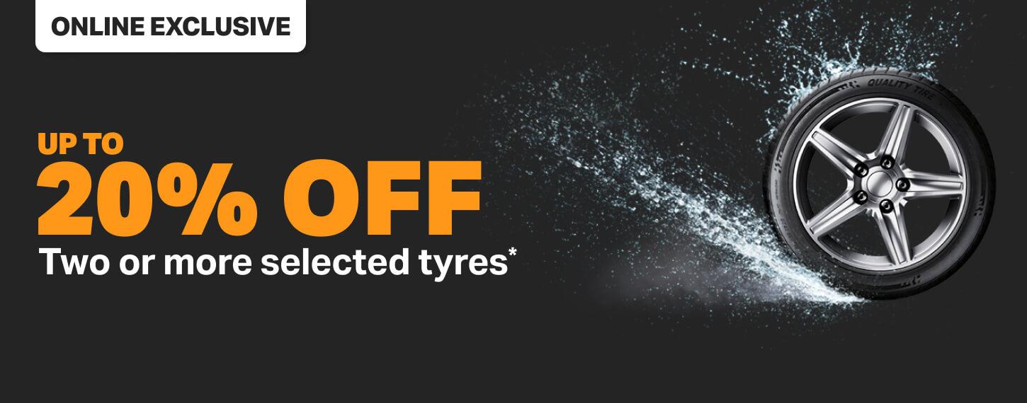Up to 20% Off two or more Selected Tyres.  Includes Goodyear, Bridgestone, Pirelli & more