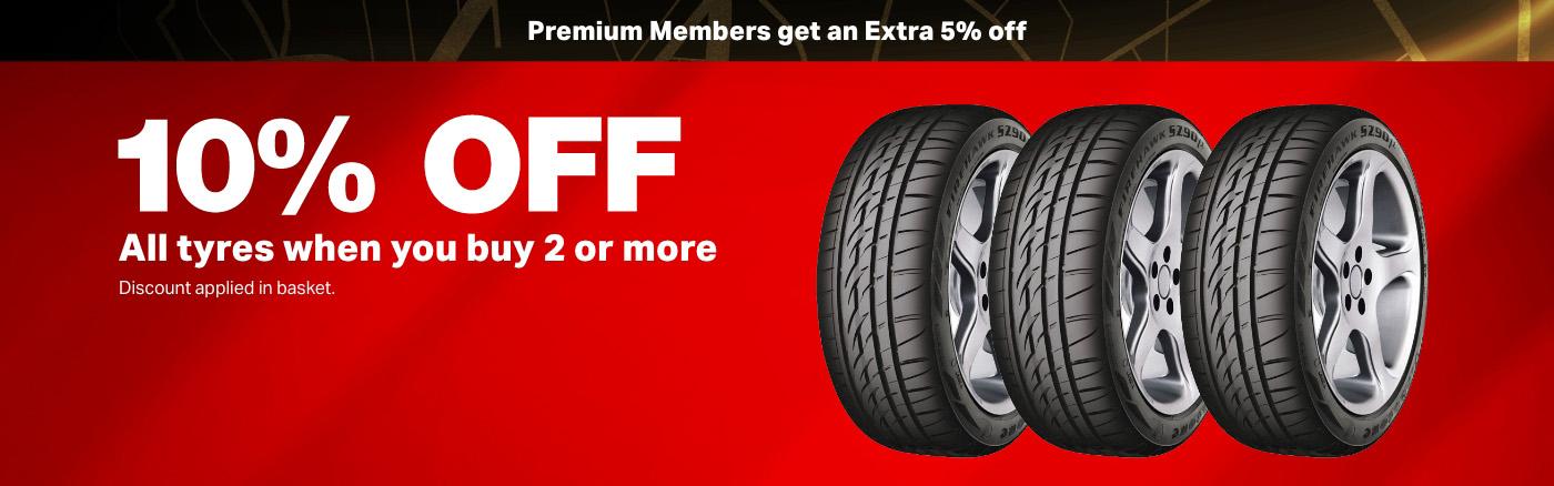 10% off all tyres when you buy 2 or more. Available on all tyre brands
