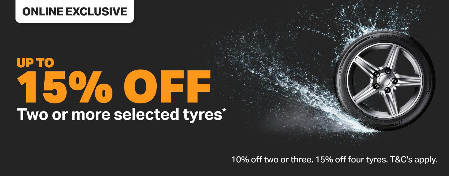 Up to 15% off two or more Selected Tyres. USE CODE NEWTYRES