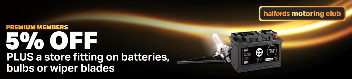 Halfords Motoring Club, 5% off Plus a store fitting on batteries, bulbs and wiper blades