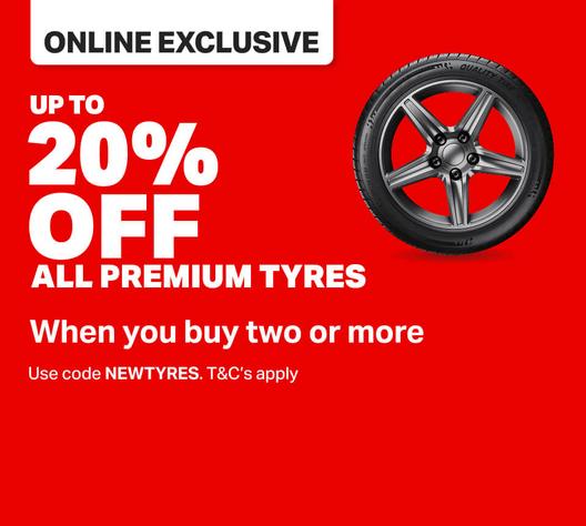 Up to 20% off premium tyres when you buy two or more
