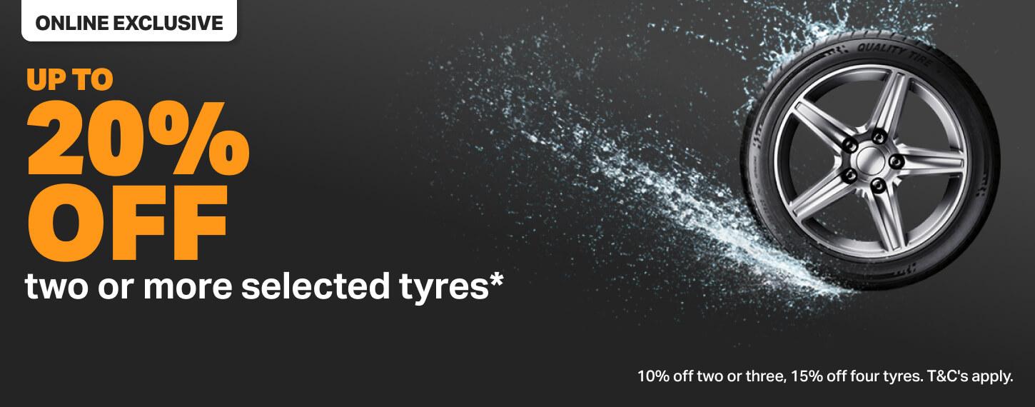 Up to 15% off two or more Selected Tyres. USE CODE NEWTYRES