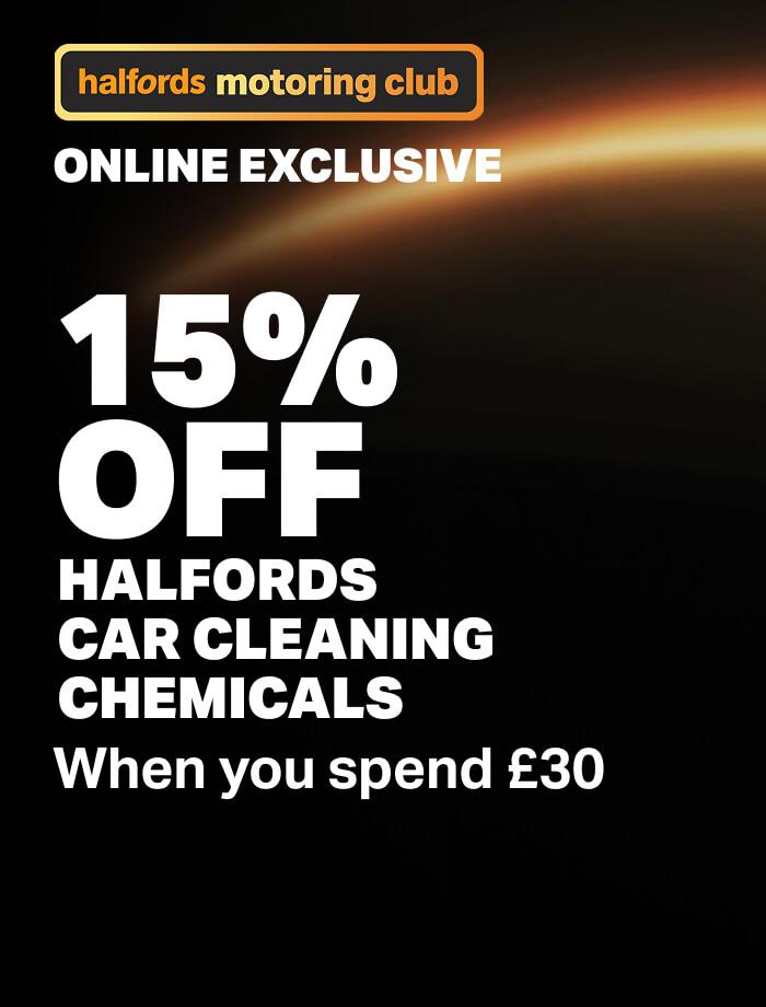 15% off when you spend £30 on a range of Halfords car cleaning