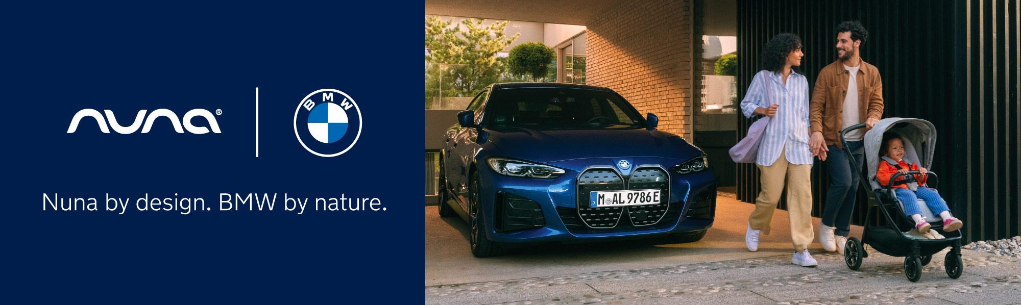 Nuna x BMW collaboration hero banner featuring premium baby products