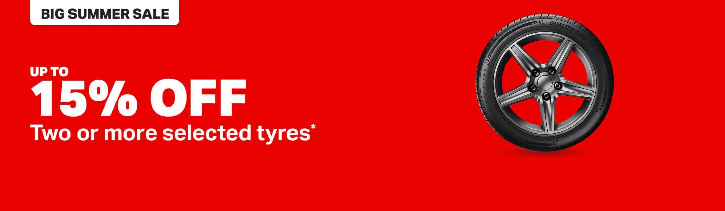 Up to 15% Off Two or more selected tyres* Bridgestone, Pirelli, Dunlop & Avon tyres
