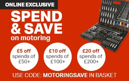 Spend & Save on Motoring, £5 off spends of £50+, £10 off spends of £100+, £20 off spends of £200+