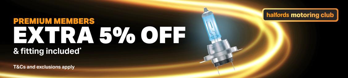 Halfords Motoring Club, 5% off Plus a store fitting on bulbs