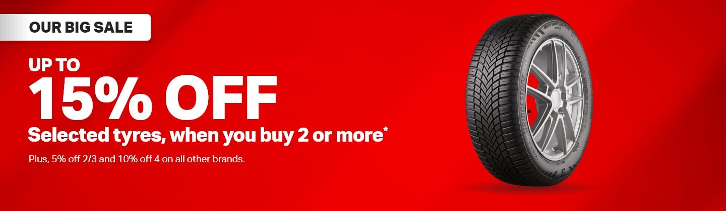 Up to 15% off 2 or more selected tyres*
        Bridgestone, Goodyear, Dunlop, Sailun