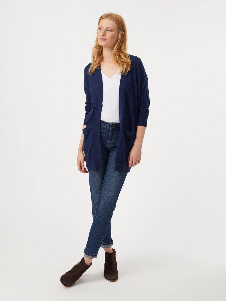 Papyrus Longline Cardi in NAVY - MODEL DETAIL