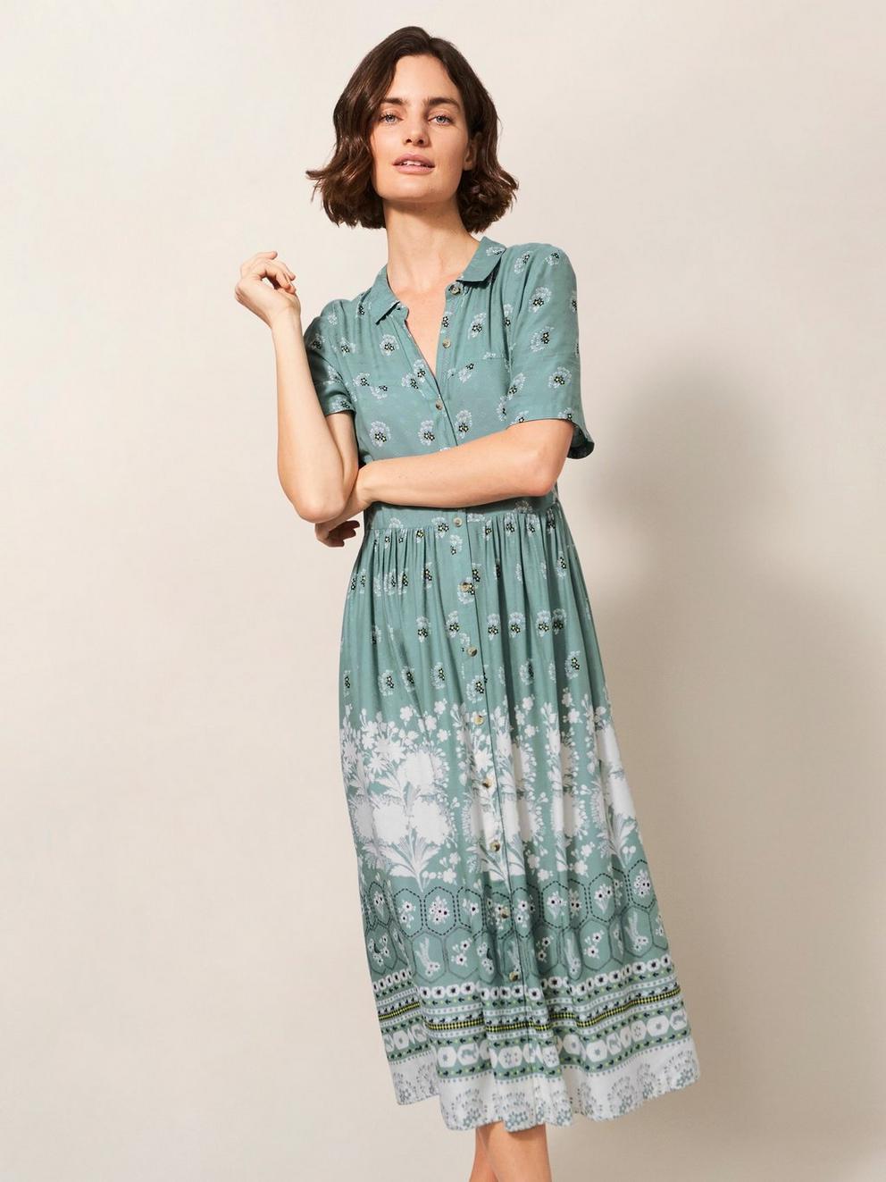 Tess Dress in GREEN PRINT - MODEL FRONT