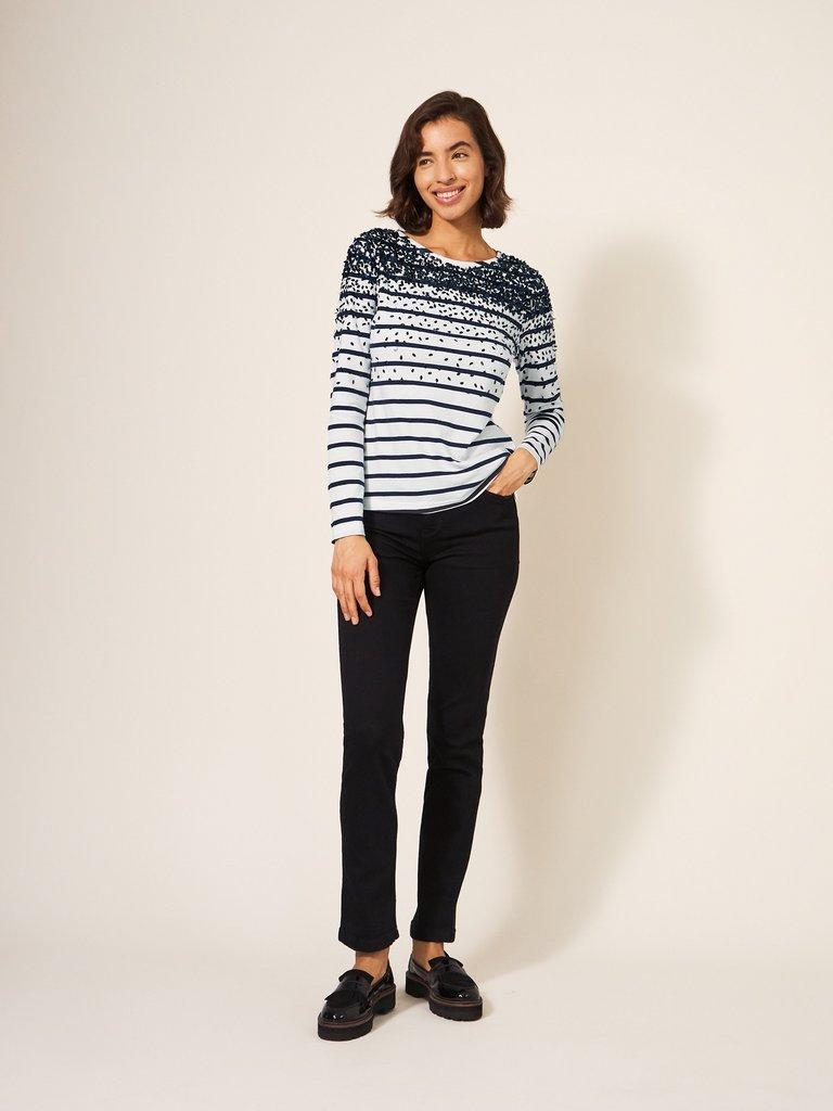 Caramel Stripe Jersey Top in NAVY STRIPE - MODEL FRONT