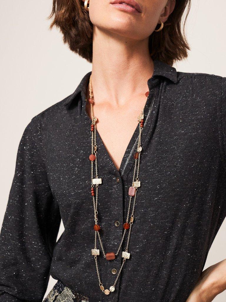 Ceramic  Wood Mixed Necklace in ORANGE MULTI - MODEL FRONT