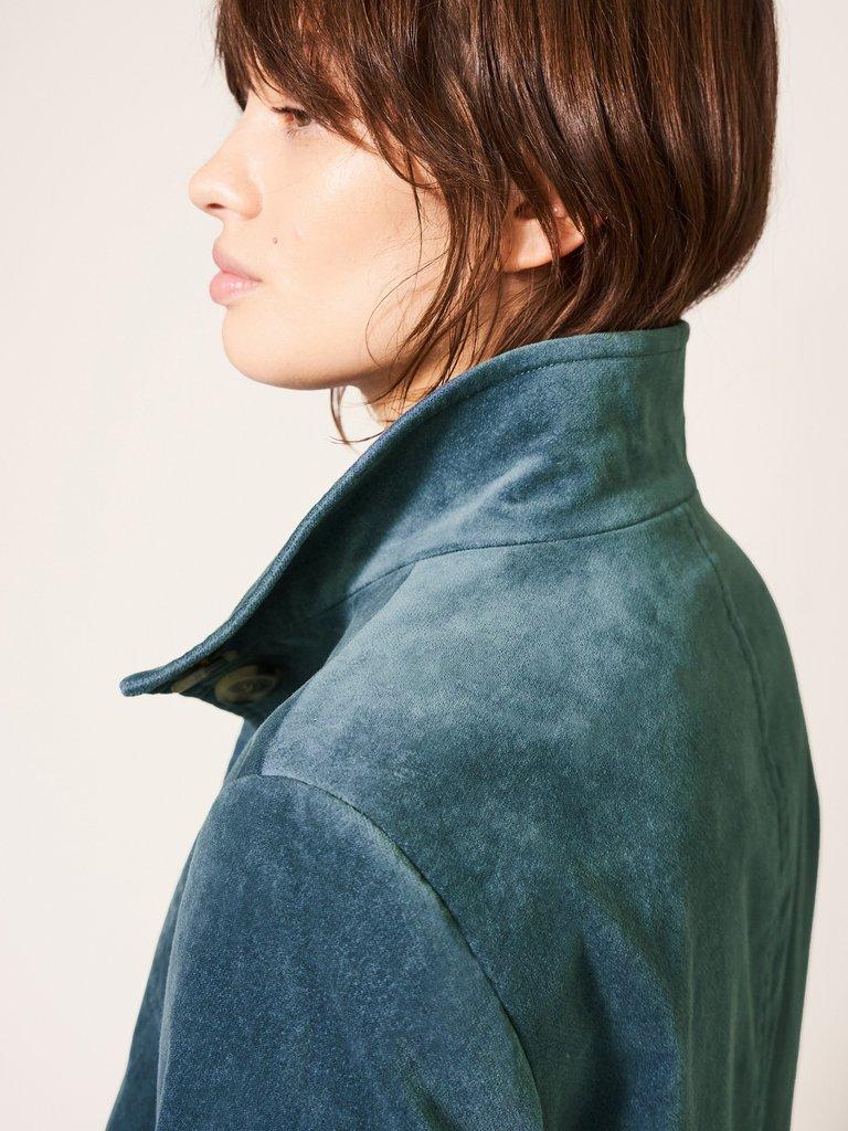 Devin Velvet Worker Jacket in TEAL - MODEL DETAIL