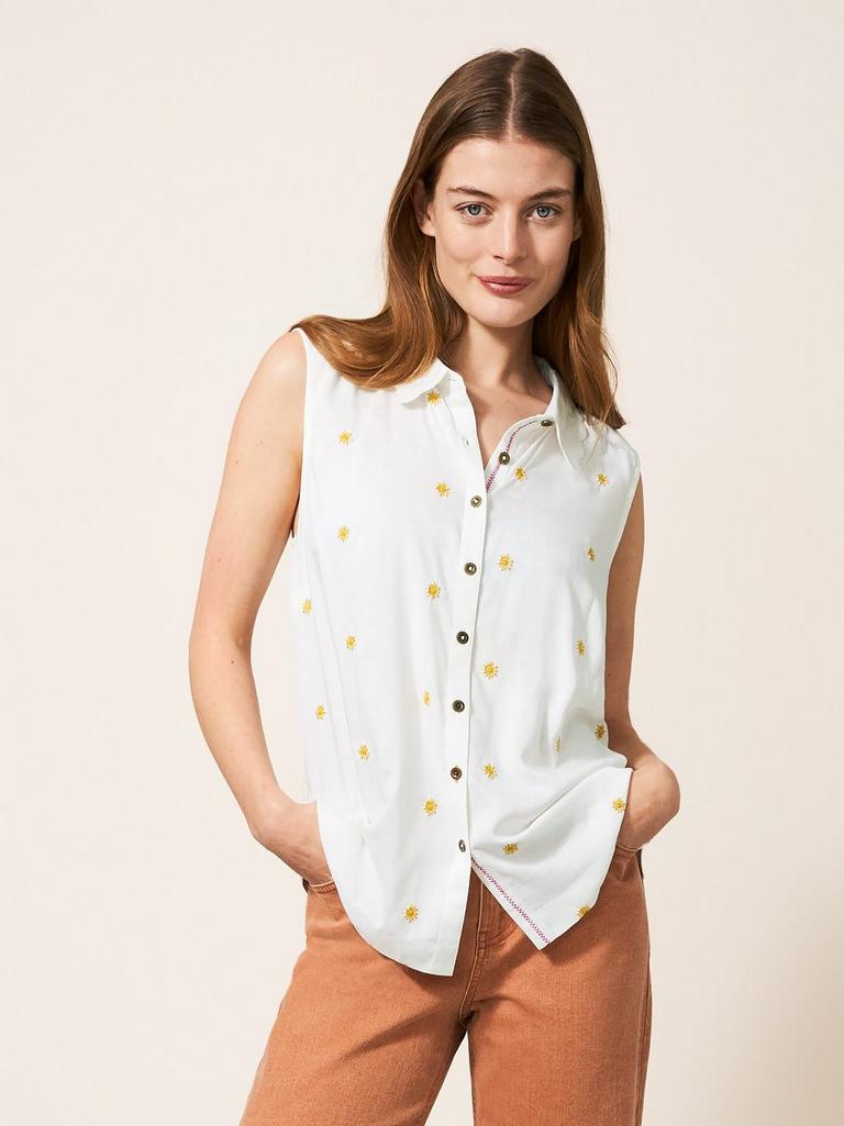 Eccles Embroidered Shirt in WHITE PLAIN - MODEL FRONT