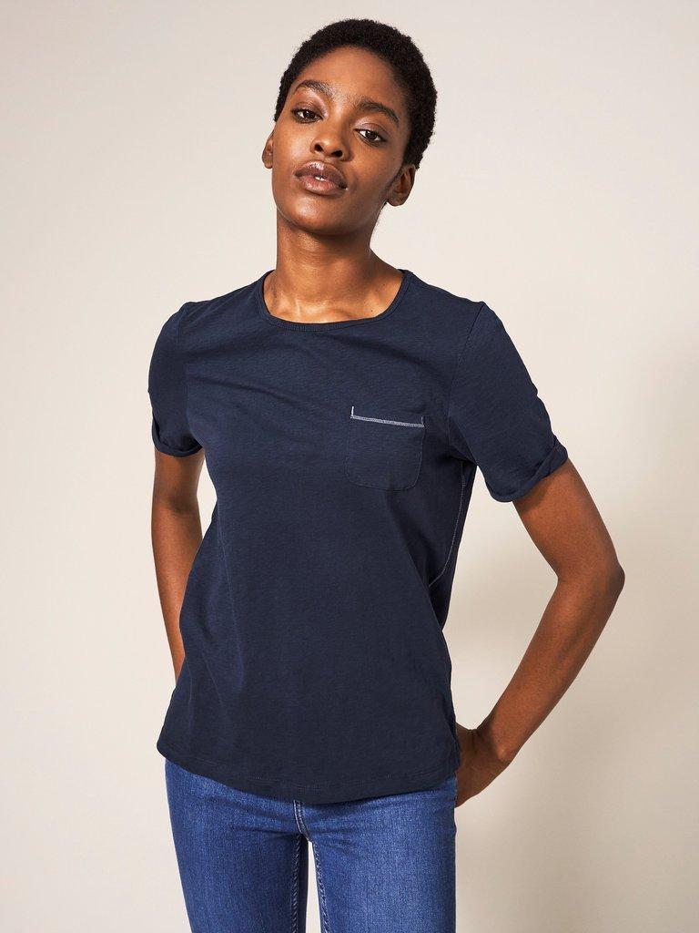 Hannah Pin Tuck Top in NAVY PLAIN - MODEL FRONT