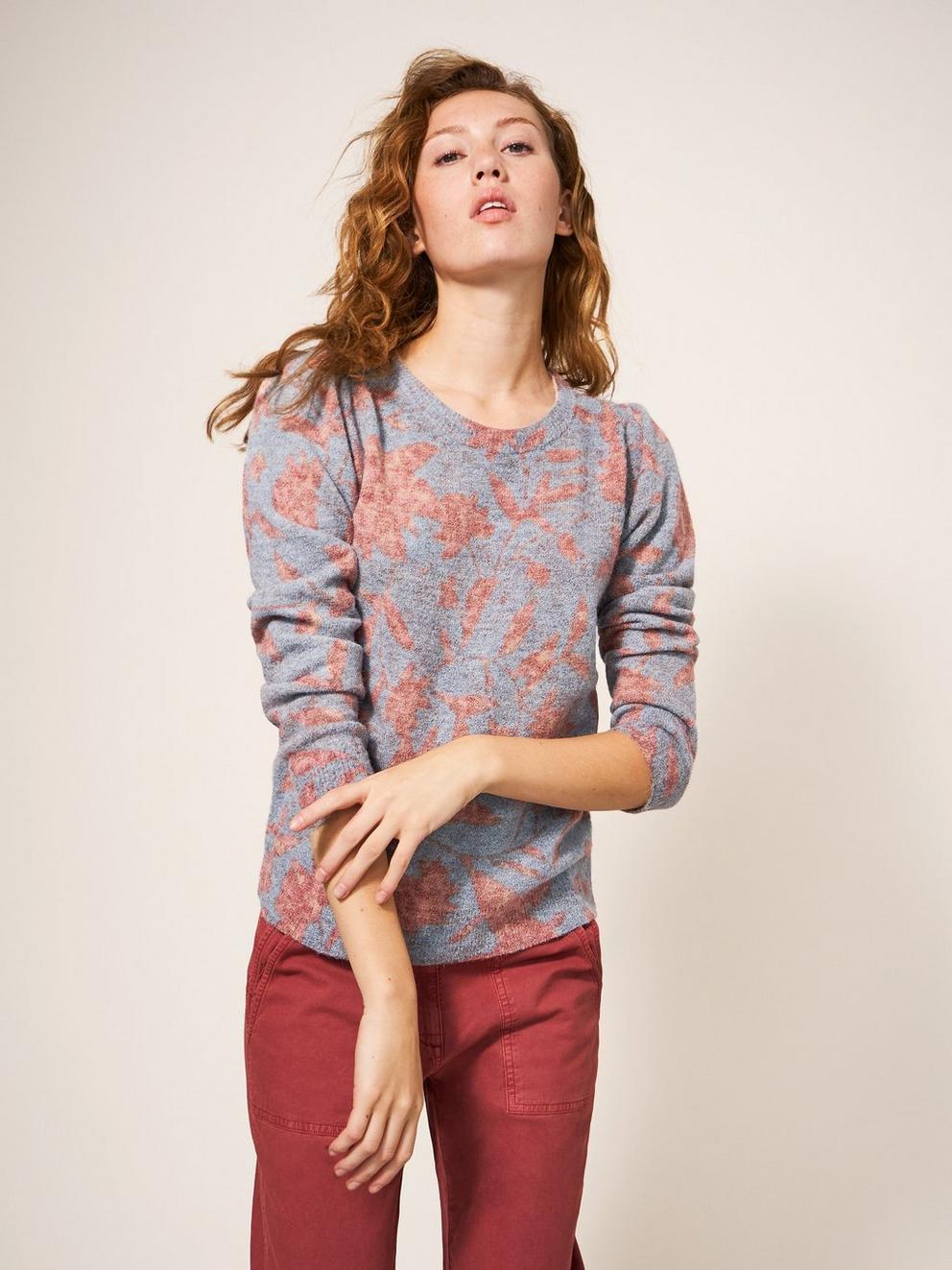 Flocking Birds Jumper in RED MULTI - MODEL FRONT